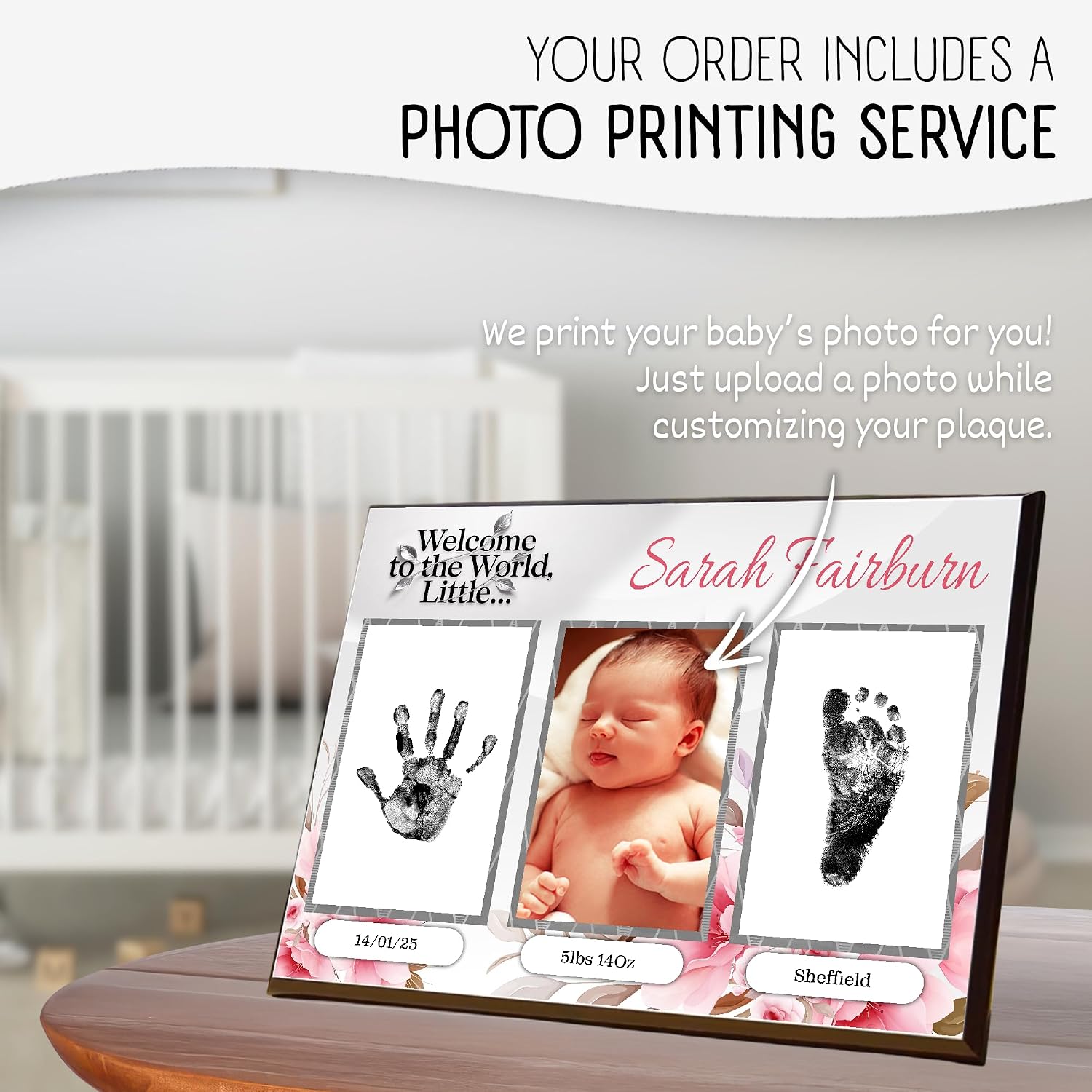 Baby Hand and Footprint Kit with Photo & Birth Details, Inkless Hand and Footprint Kit, Newborn Keepsake Plaque, Baby Shower Gifts (STYLE 1 (Fully Personalized) (Welcome To The World - Baby Girl))