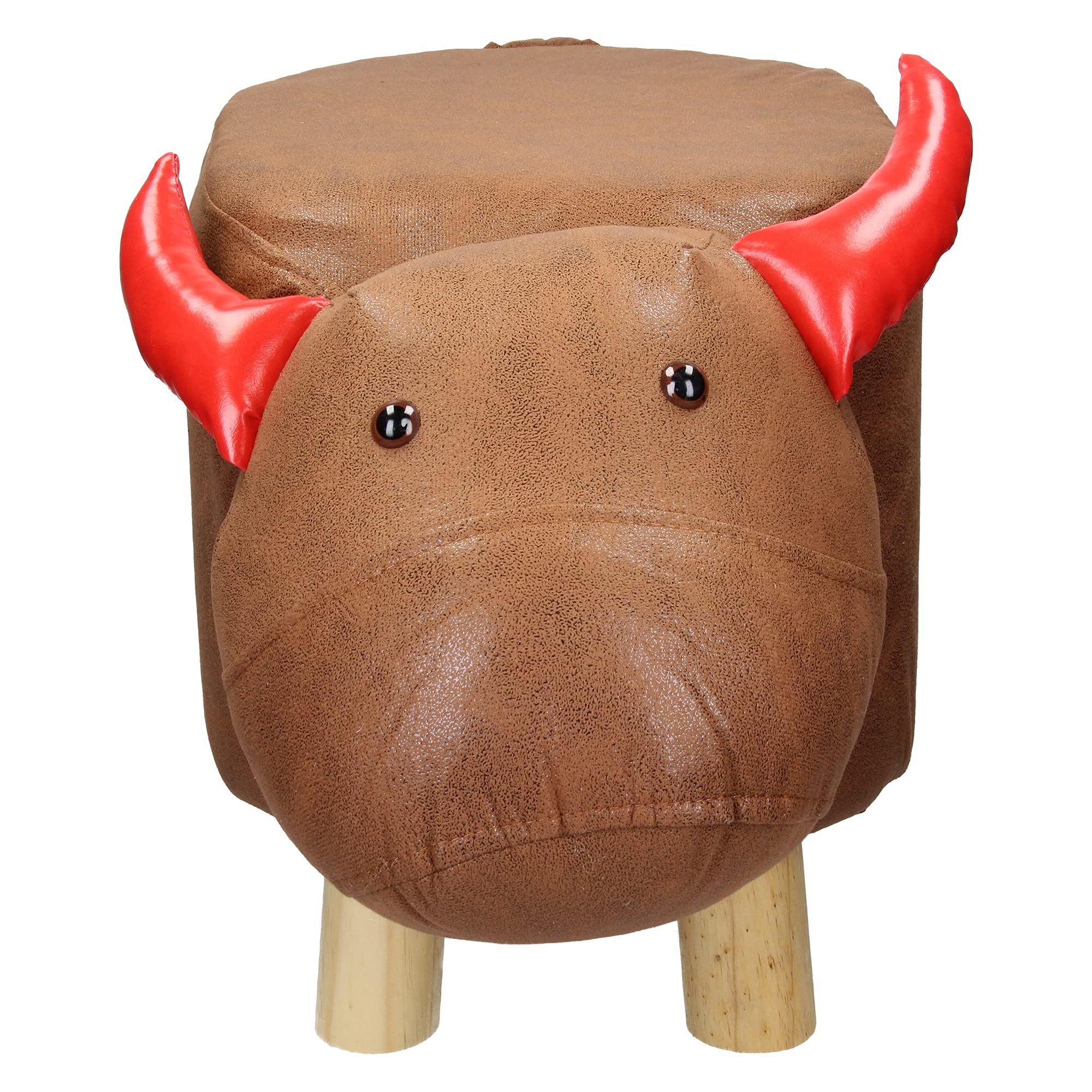 Poggiapiedi Sgabello per Bambini a Forma di Vitello 68 x 30 x 37 cm Marrone e Rosso in Pelle Sintetica Pouf Imbottito con Gambe in Legno Massello Ottomano per Soggiorno e Camera Bambini