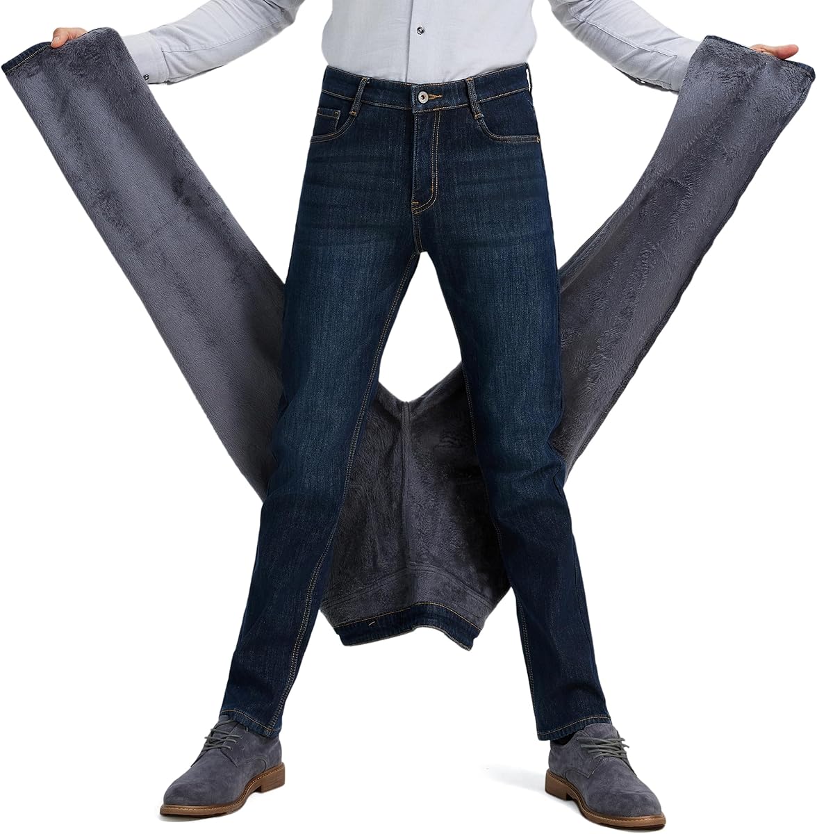 Thermal Stretch Jeans for Men Fleece Lined Winter Pants Regular Fit Business Casual