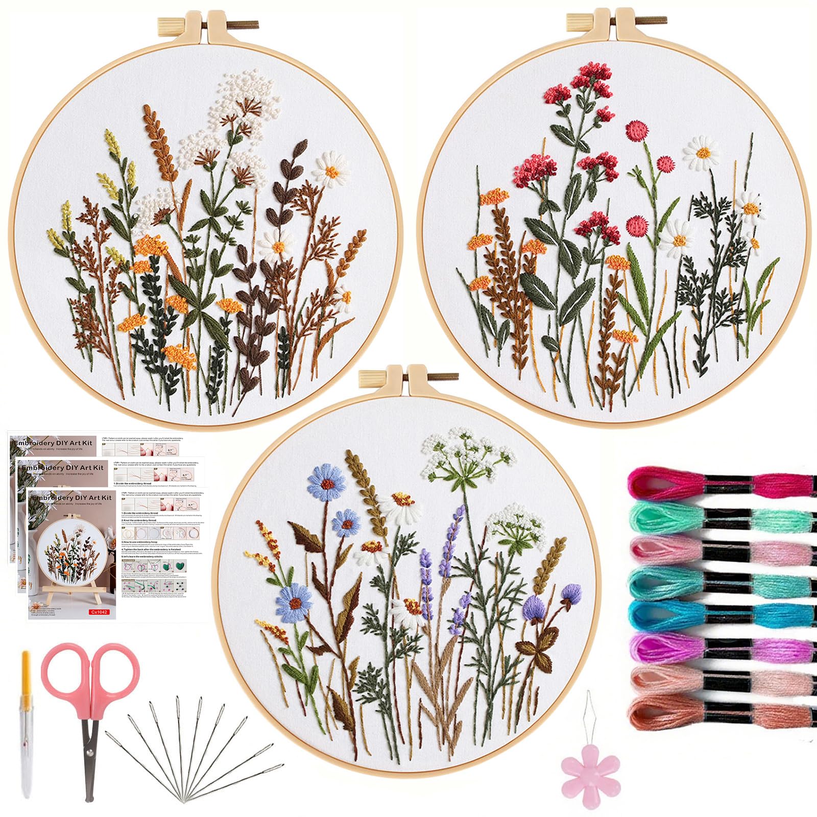 Offizon 3 PCS Embroidery Kit for Beginners - Cross Stitch DIY Craft Set, Flower Embroidery Accessories & Hoop Included, Hand Embroidery Kit for Adults Stitching Sewing Kit Gift | FlowerC Patterns โ image 1