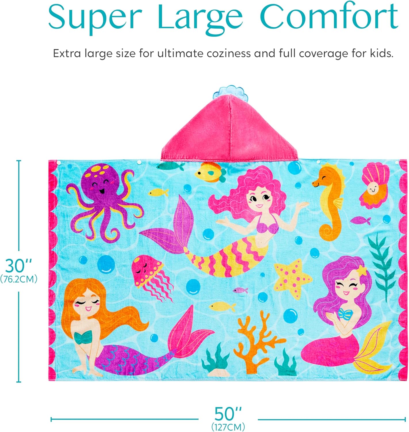 Joiedomi Mermaid Hooded Towels for Kids Soft 100% Cotton Kids Beach Towel 30" x 50" for 3-10 Years Boy Girl Beach Hooded Poncho Absorbent Pool Toddler Swim Bath Wrap - Image 6