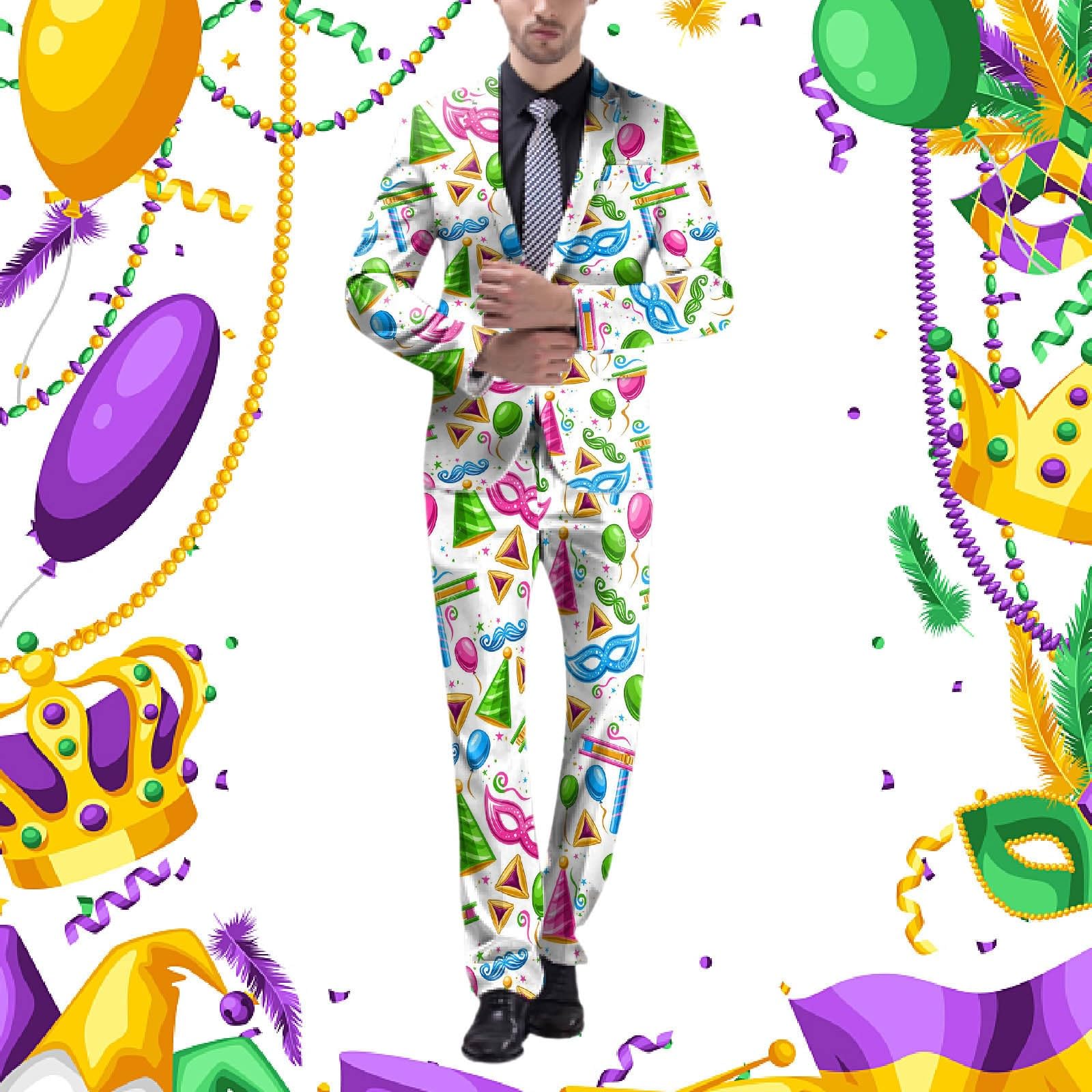 Traje para hombre, carnaval, fiesta temática, disfraz de máscaras divertidas, trajes con estampados coloridos, disfraz de carnaval de los años 60, chaqueta y pantalones, corte ajustado, 2