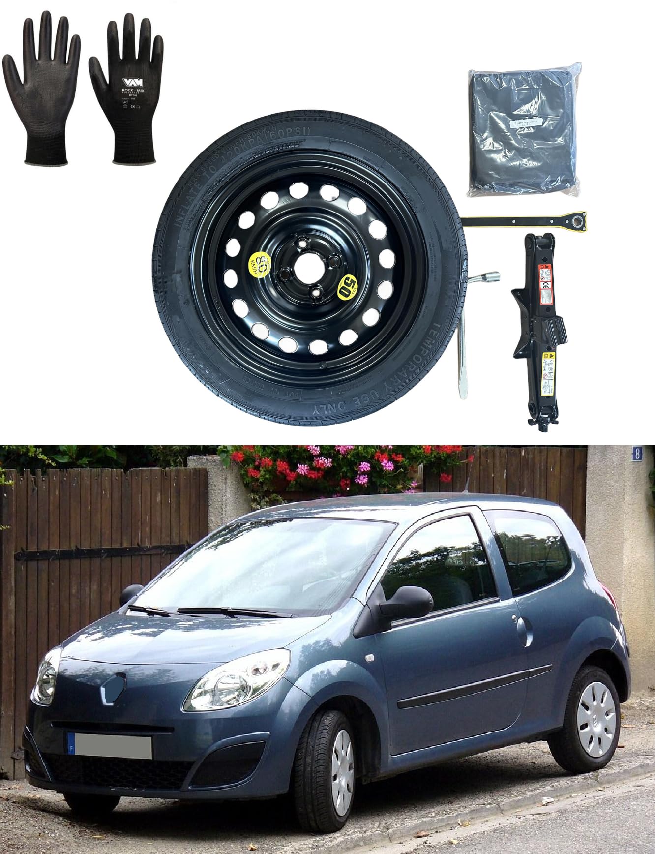 D'angelo Ruotino di Scorta 16" compatibile con Dacia Sandero, Sandero Streetway, Stepway, Dokker Jogger, Compatibile con Renault Zoe (1" Serie), Twingo II III, Clio, con Cric Chiave e Sacca