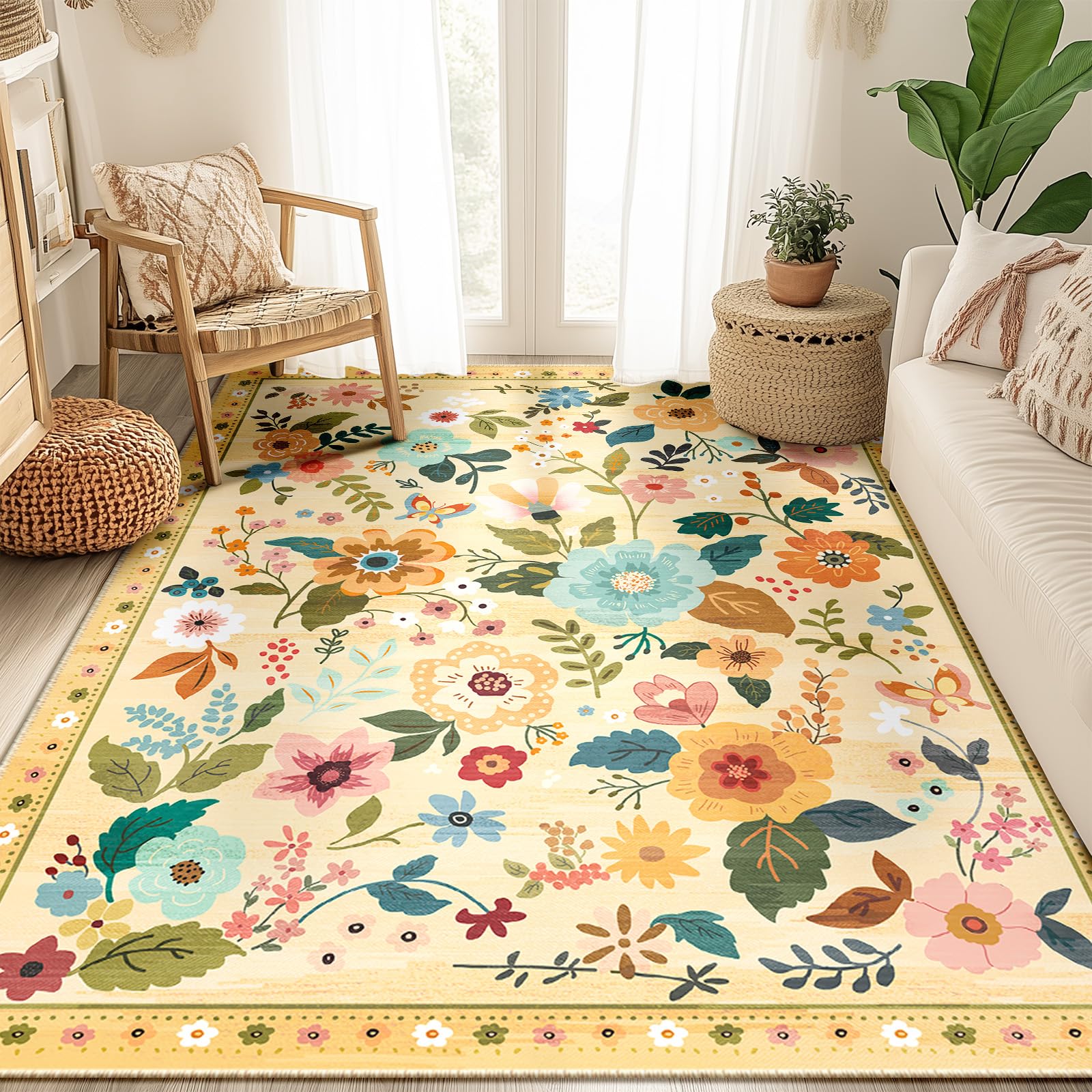 RELEANY Floral Nursery 5x7 Area Rugs Washable Print Boho Cute Carpet Non Slip Flower Low Pile for Living Room Kids Girls Playroom Bedroom Kitchen