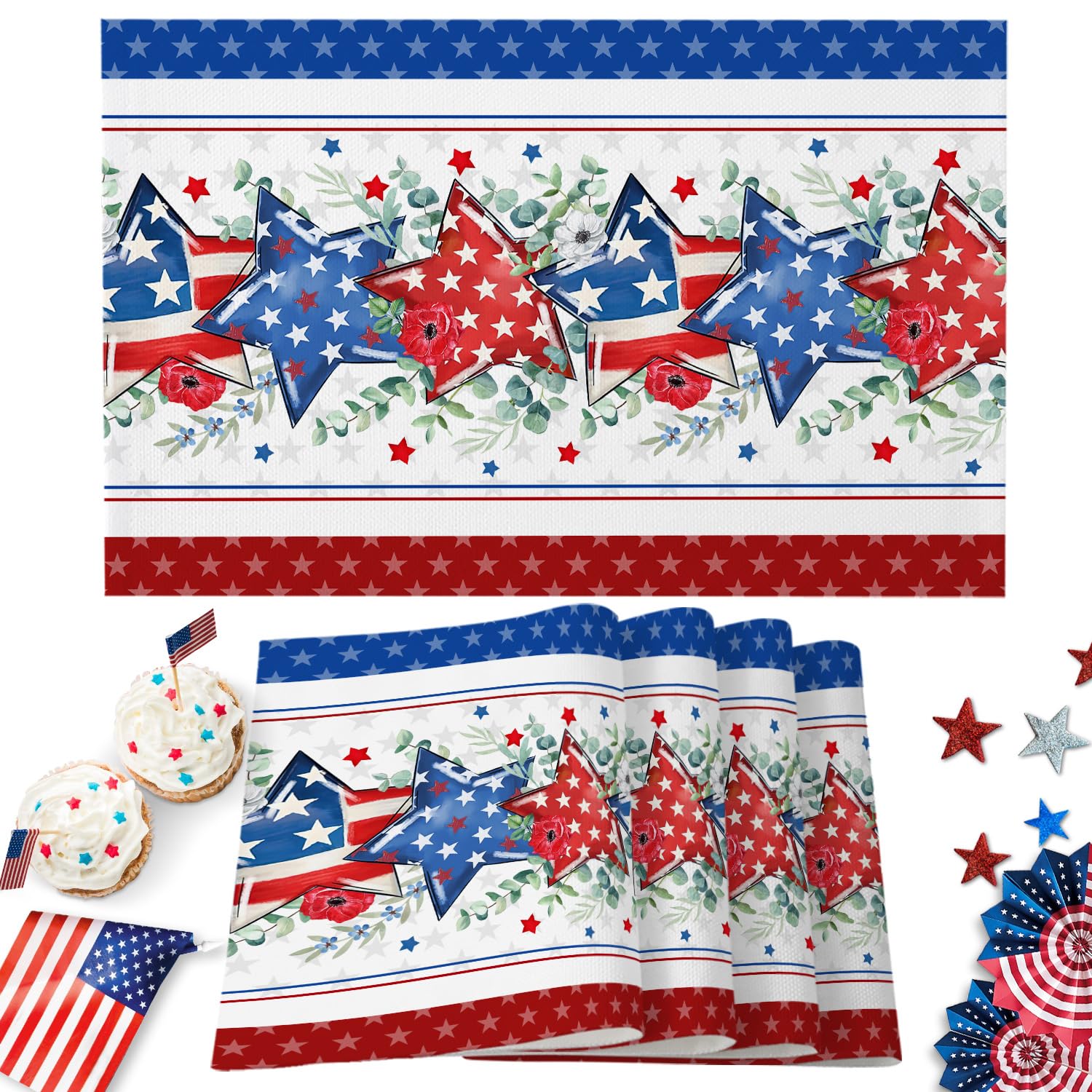 Independence Day Star Placemats Set of 6 American Flag Washable Place Mats for Kitchen Dining Table, 4th of July Heat-Resistant Polyester Table Decoration for Party Holiday, Summer