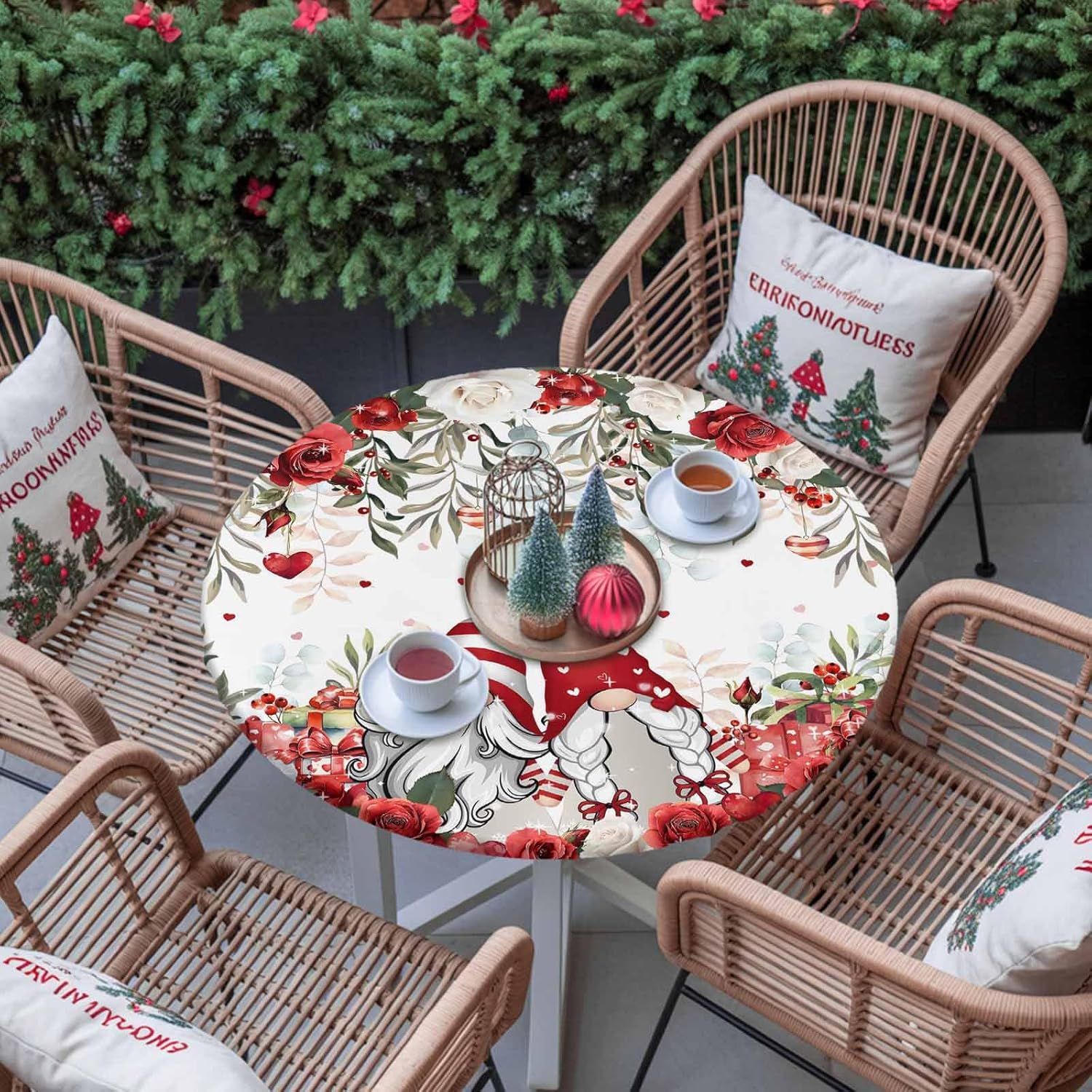 Valentines Round Table Covers with Elastic Gnome Boho Eucalyptus Leaves Gift Waterproof Fitted Tablecloth Wipable Table Cover Fits Up to 45-56In Tables, Table Cloth for Outdoor/Indoor Love Heart Rose