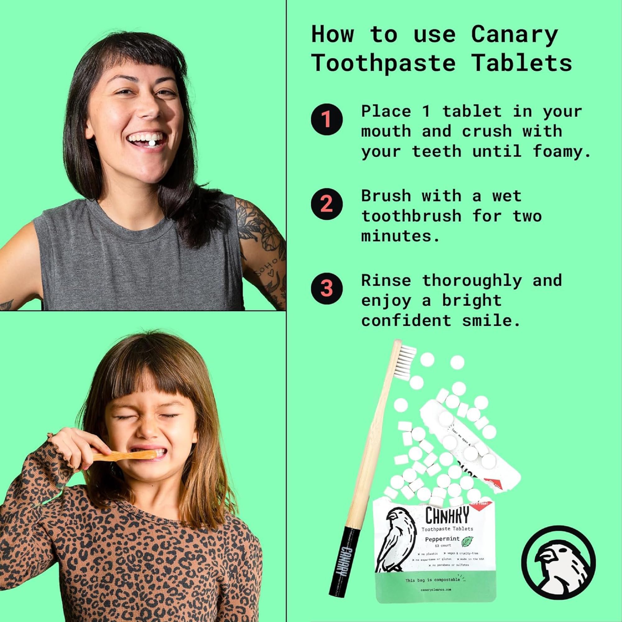 Canary Nano Hydroxiapatite - Pastillas de pasta de dientes de fresa y kiwi, remineralizantes, sin flúor, pestañas naturales con xilitol, ideal para niños, sin plástico, 126 unidades