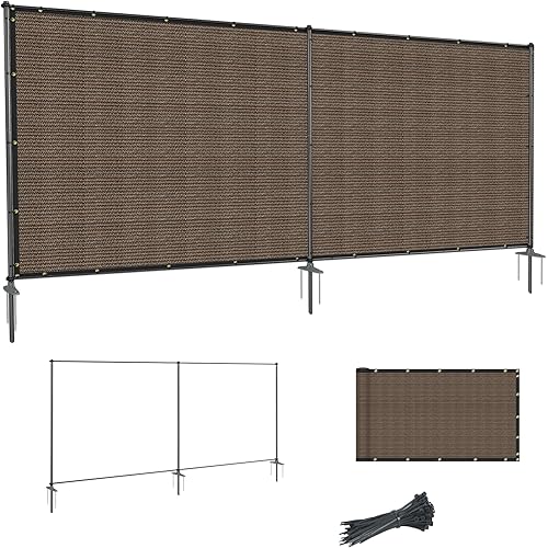 SunnyRoyal 6' x 12' Privacy Fence Screen with Iron Poles No Dig Heavy Duty Windscreen Net Fabric Dog Fence for Outdoor Patio Graden Yard Decor (Brown)