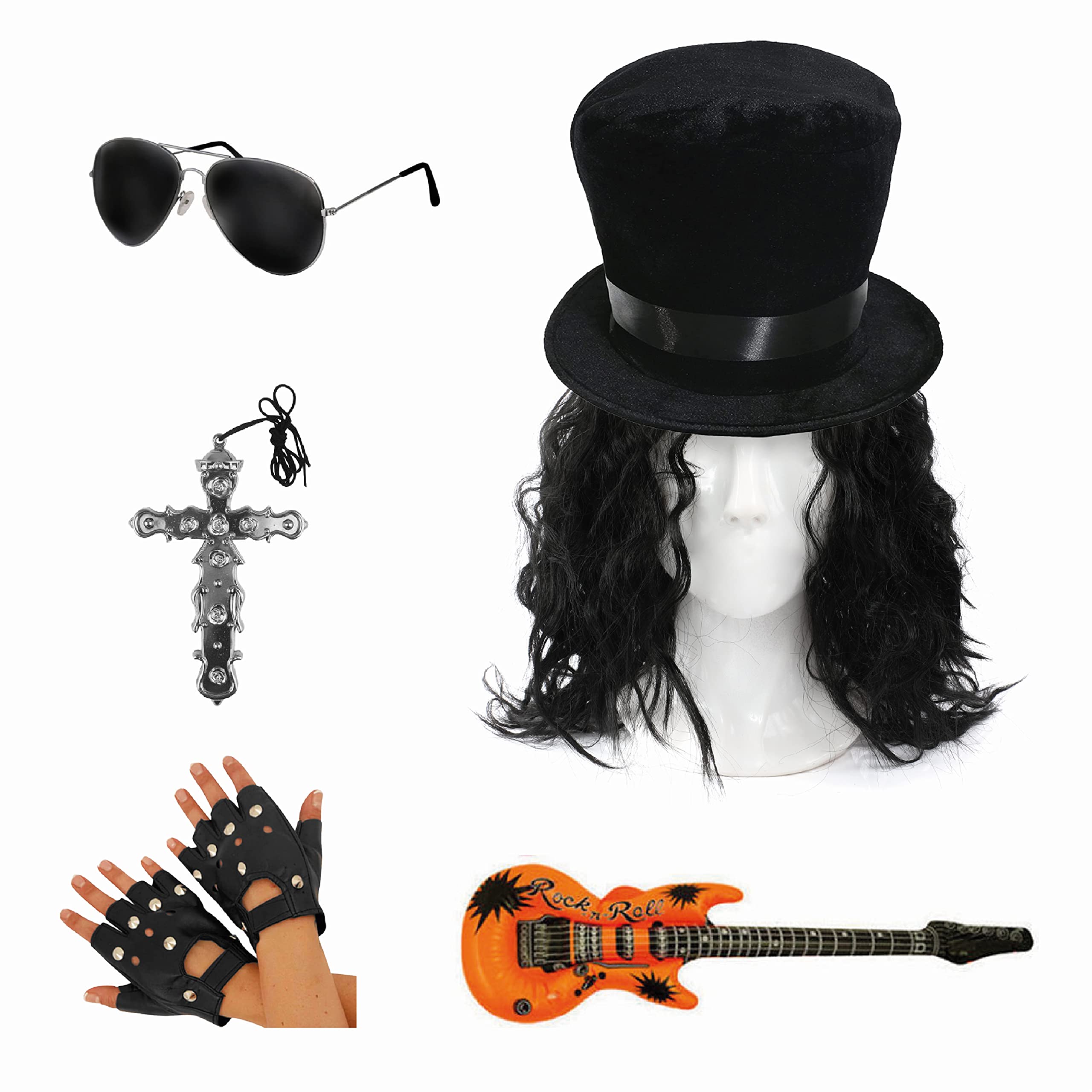 Adults' 80s Rock Star Accessory Set: Black Top Hat, Wig, Sunglasses, Silver Cross, Gloves, and Orange Inflatable Guitar