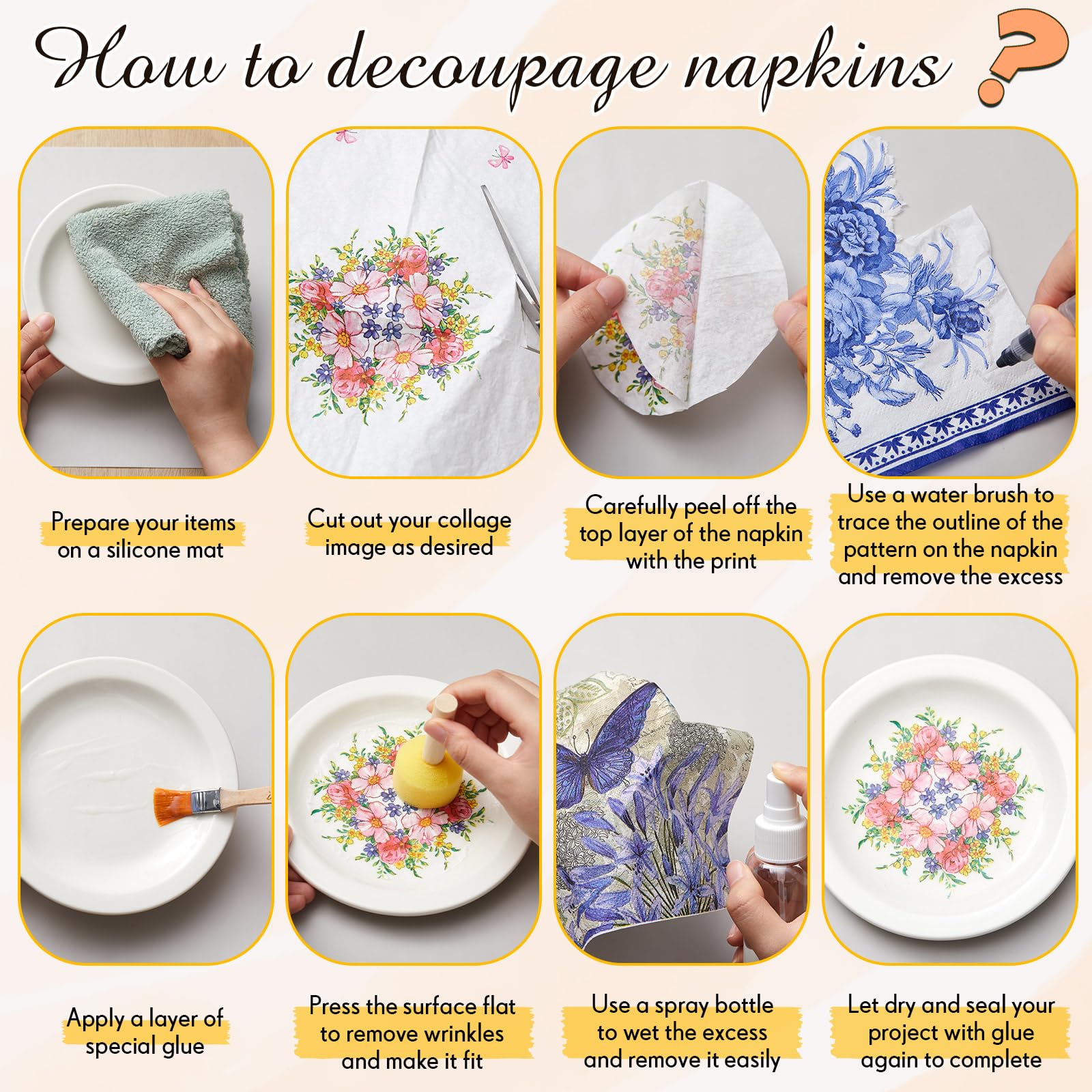 Crtiin 19 Pcs Essential Decoupage Tool Set, Include Silicone Table Mat, 5 Foam Brush, 8 Decoupage Brush, 3 Water Pen, Glue Container Bowl, Spray Bottle for DIY Arts and Crafts Projects