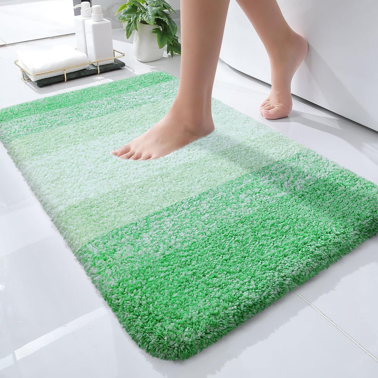 OLANLY Small Bathroom Rugs 24x16, Extra Soft Absorbent Microfiber Bath Rugs | Green, Non-Slip Quick-Drying Rubber Backing, Washable Plush Bath Mat for Floor, Tub and Shower, Home Decor Accessories