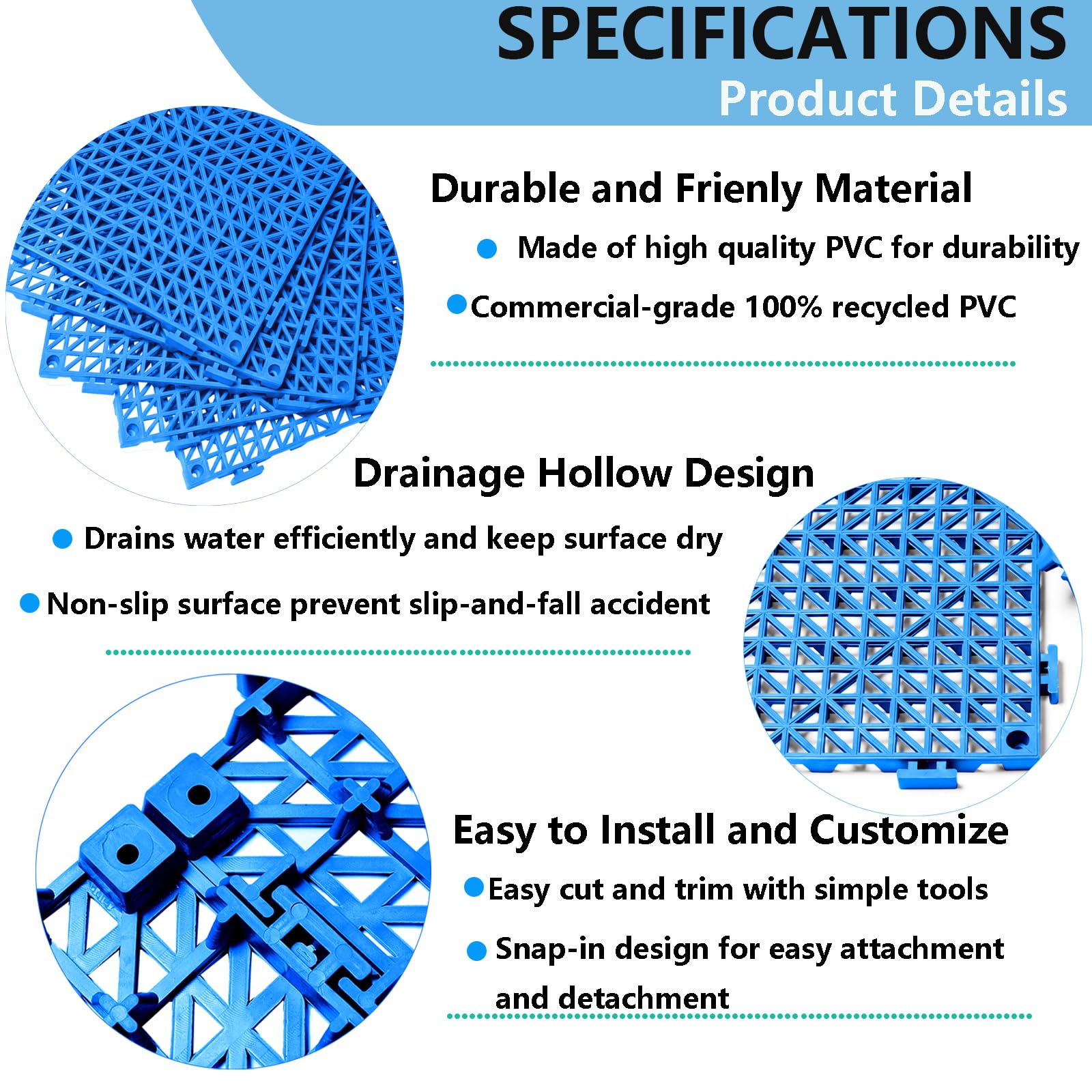 Lot de 8 dalles de sol emboîtables pour drainage de piscine, tapis de sol en PVC souple avec trous pour douche, sous-sol, garage, abri de jardin - Bleu