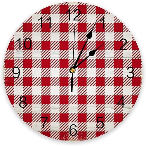 Reloj de pared de PVC, con texto en inglés "Merry Christmas", rústico, de madera vieja, a cuadros, rojo y blanco, silencioso, sin tictac, funciona