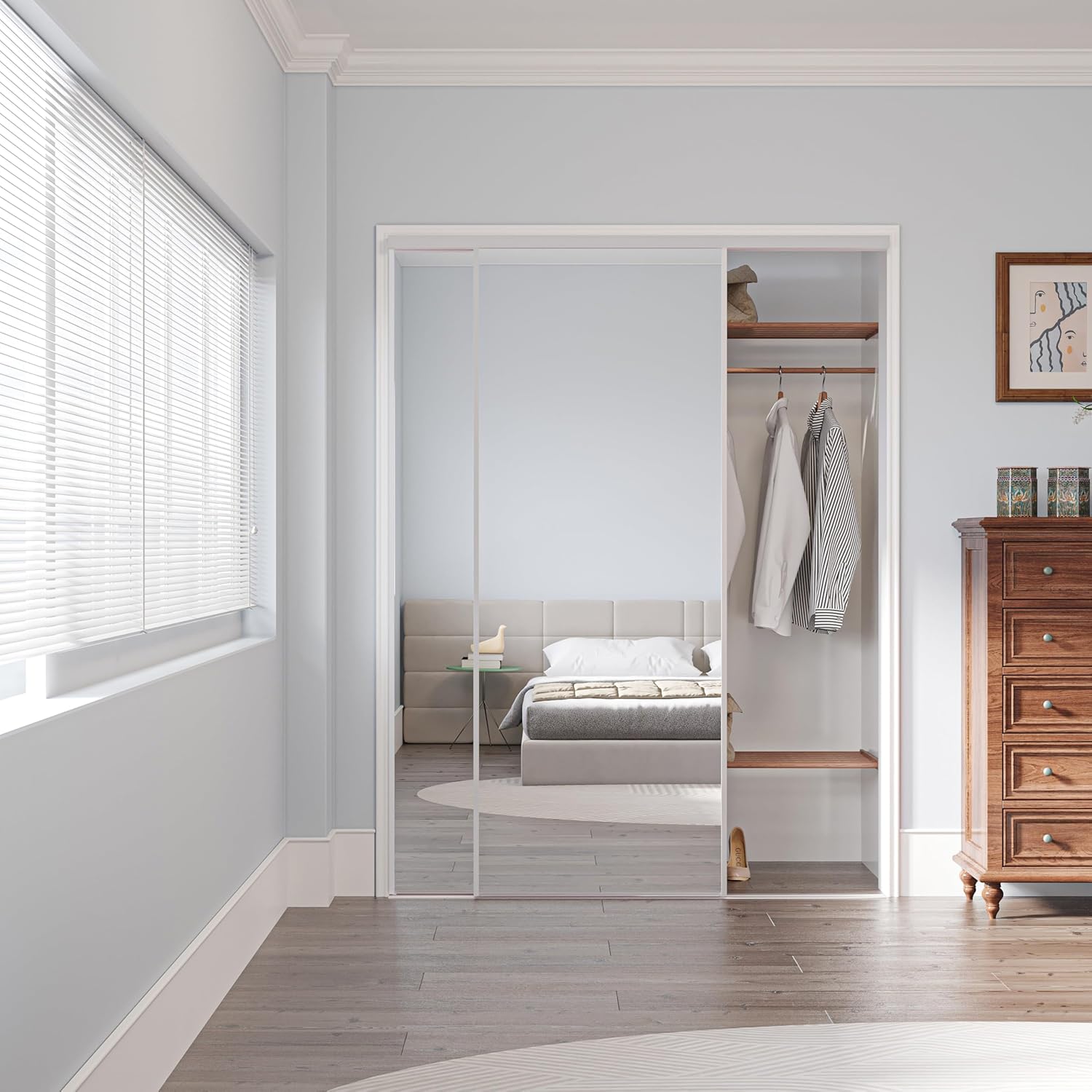 Mirrored Sliding Closet Doors 72" x 80"(Double 31.4" x 80") Aluminum Frame Interior Door with Hardware Kit & Guide, Mirror Closet Door Easy Install
