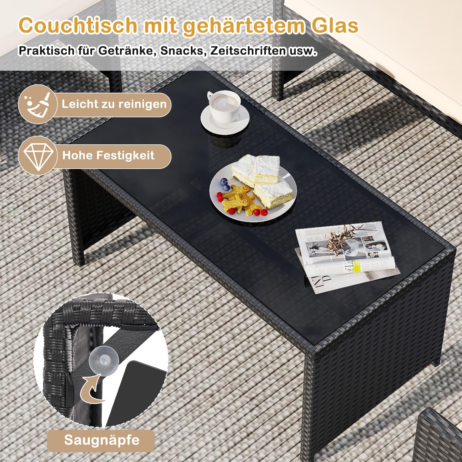 SOARS Gartenmöbel Set aus Polyrattan, Balkonmöbel mit 2 Sesseln, Zweisitzer, Glas-Couchtisch & 4 Sitzkissen, Lounge Möbel Outdoor für 4 Personen für Tarrasse, Balkon & Garten (Schwarz+Beige)