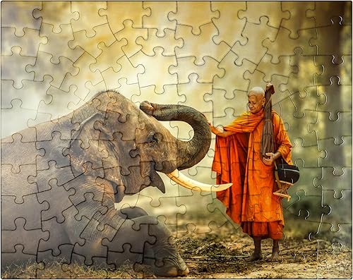 Vista 18 de MyPuzzle Monk Hiking with The Fancy Elephant in The Forest - Rompecabezas prémium de 1000 piezas para adultos