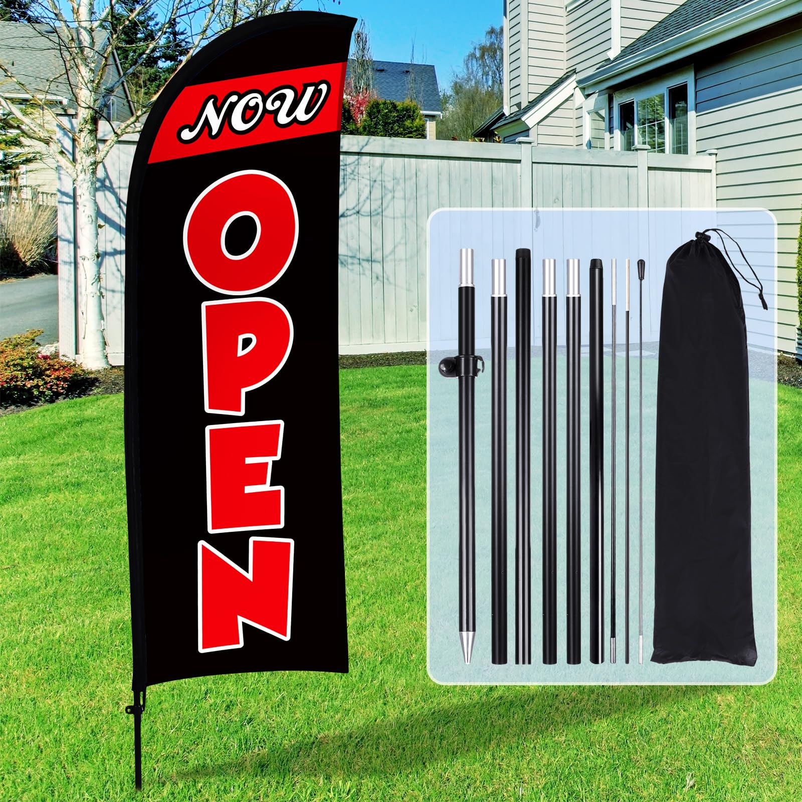Buryeah 11ft Now Open Flag Banner for Business Advertising Feather Flag Sign with Flagpole Ground Stake Portable Bag Opening Signs Banner Set for
