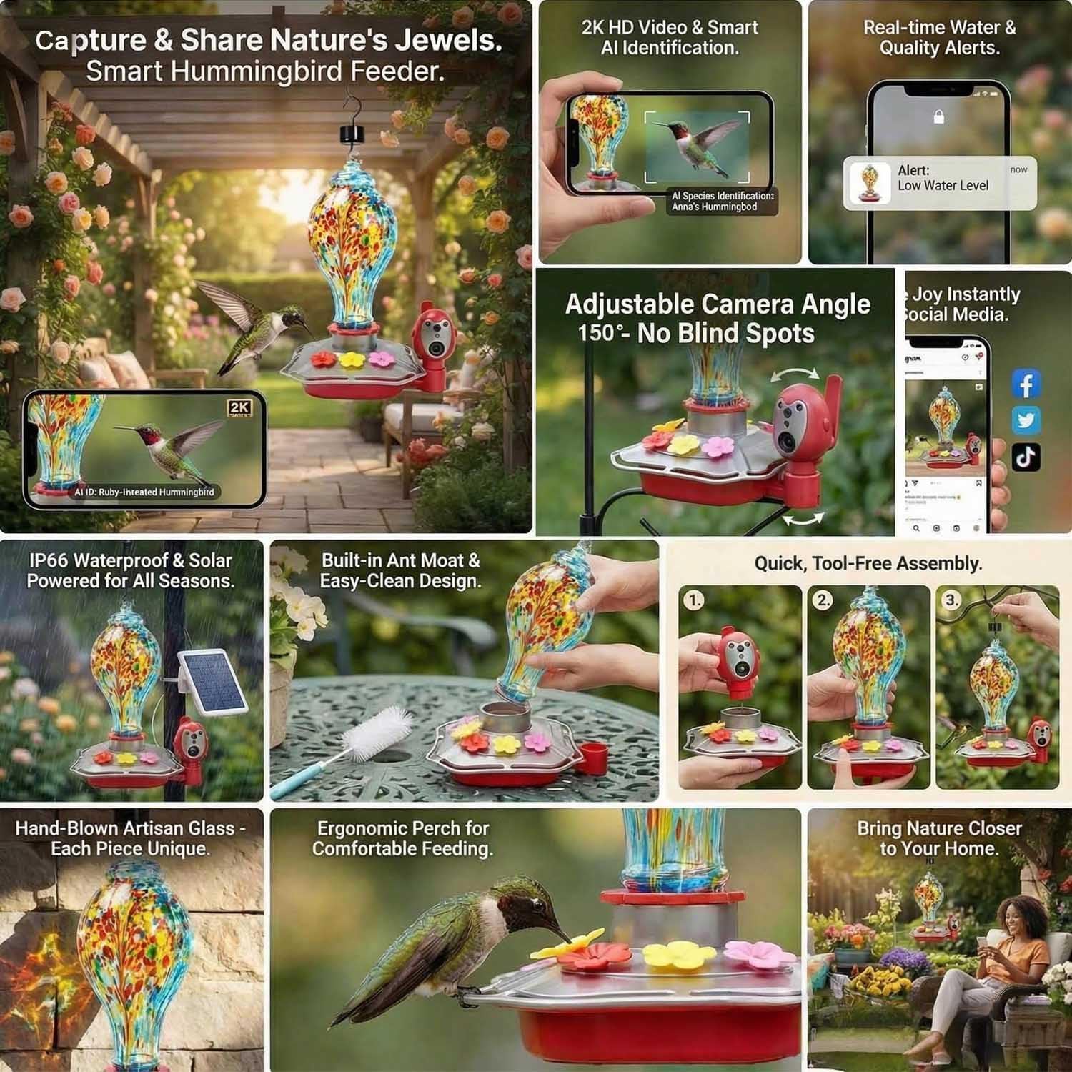 Hummingbird Feeder with Camera, Smart Glass Humming Bird Feeder Camera Solar Powered, AI Identify and Instant Notifications, 2K Live View, Leak-Proof Ant & Bee Proof, Ideal Gift for Bird