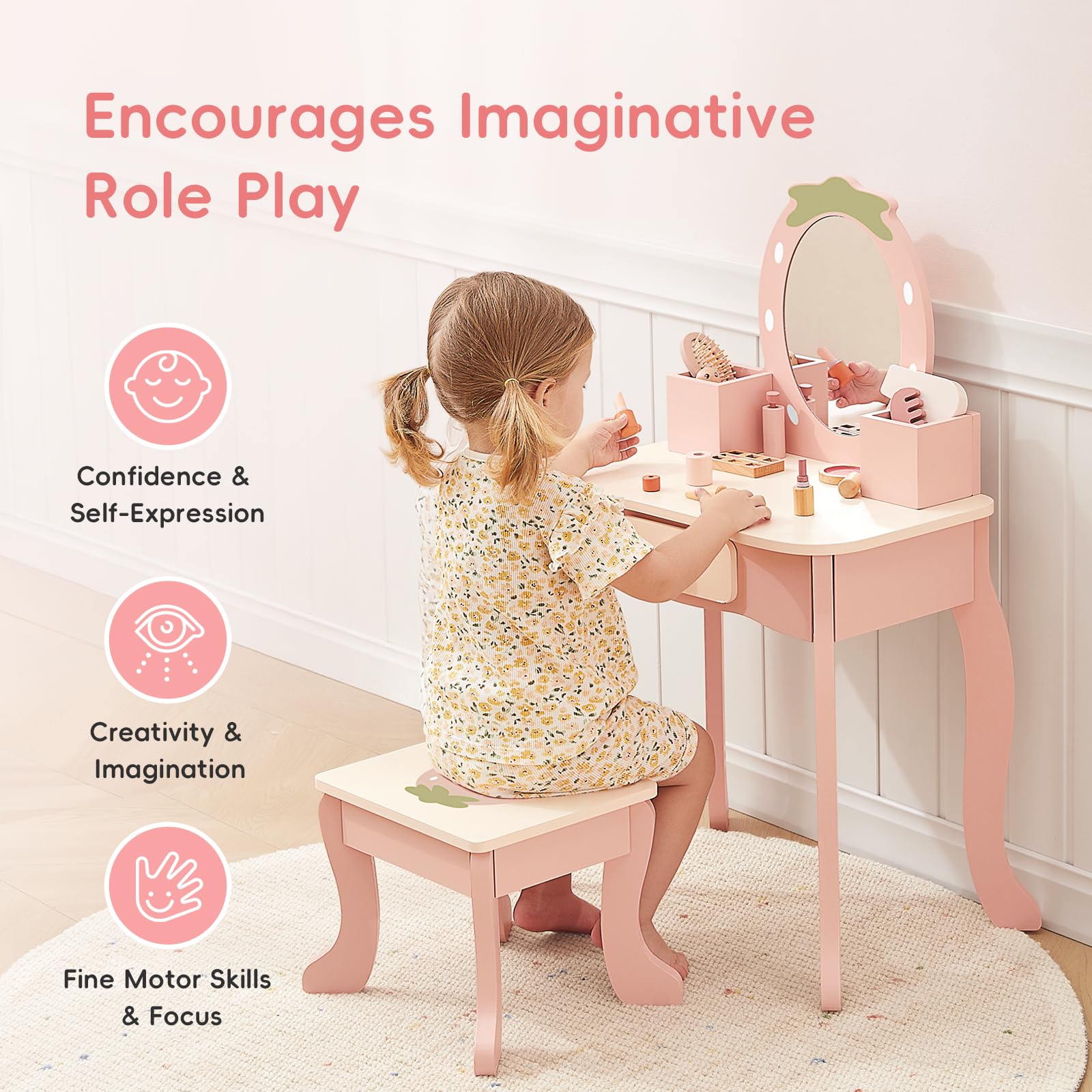 OOOK Schminktisch Kinder Set, Kinder Schminktisch Holz mit Schminkzubehör, Frisiertisch mit Schublade und Hocker, Kinderschminktisch für Mädchen ab 3