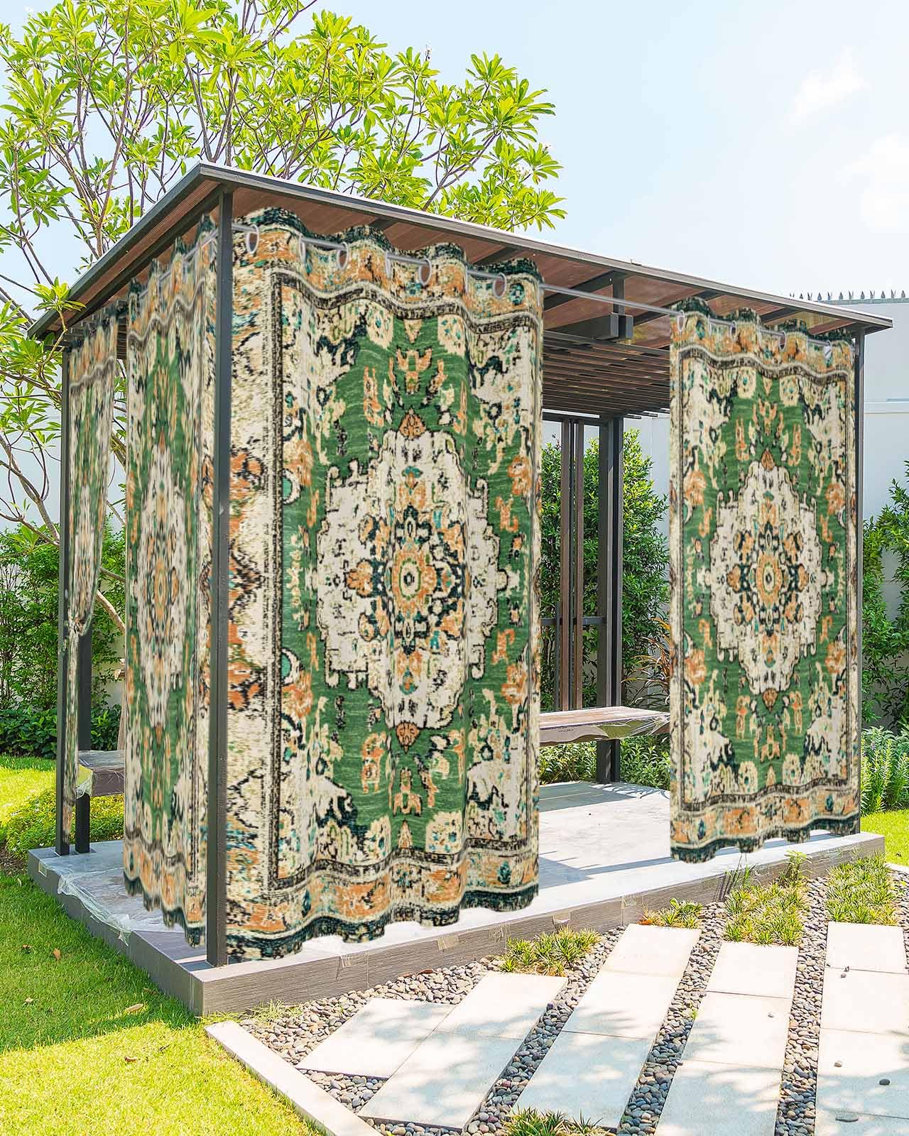 Ombre Green Boho Outdoor Curtains for Patio Waterproof, Grommet Privacy Curtain Drapes Weatherproof Outside Curtains for Porch GazeboPergola Cabana 2 Panel 54x108inch Vintage Ethnic Tribal Geometric-image-36