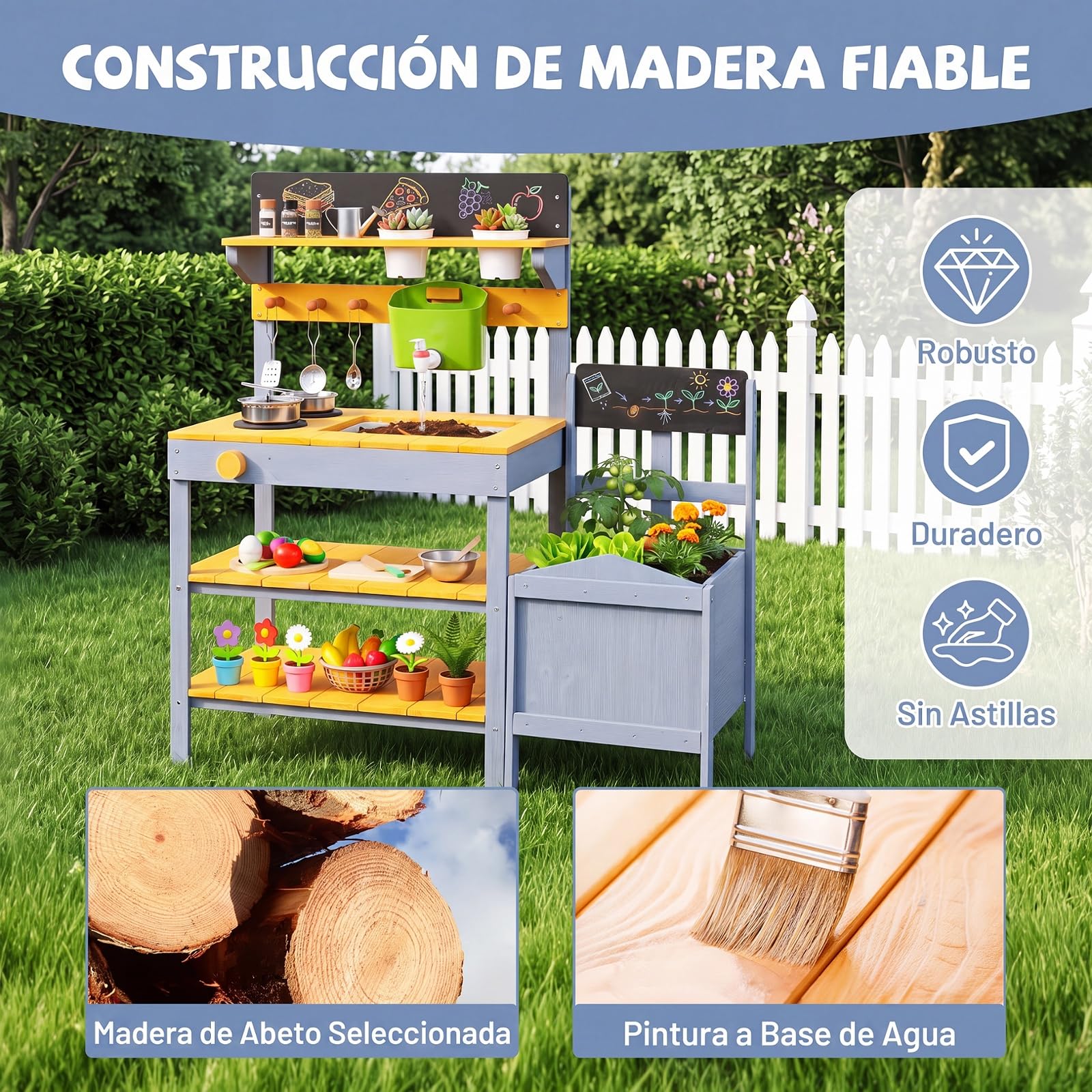 COSTWAY Cocina de Barro Exterior para Niños, Cocinita de Madera Infantil | con Jardinería, Estantes, Pizarras, Fregadero, Depósito de Agua, Macetas, Sartén, Juego de Rol para 3+ Años