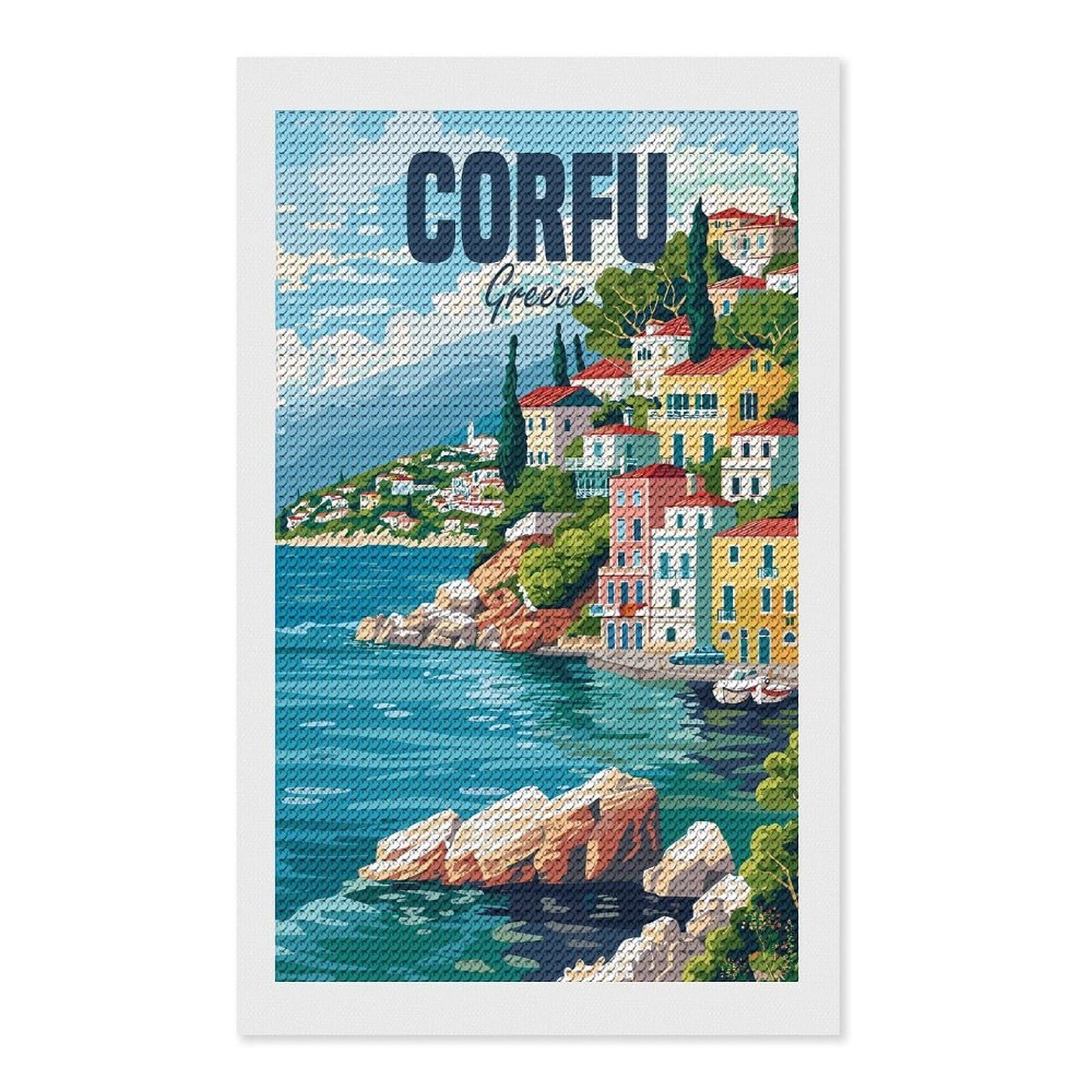 Junmoney Corfu Greece Island Diamond Painting Kit 12"x20", for Women, Simple to Start, Bedroom Decor, Christmas Gift, Good for Quiet Evenings