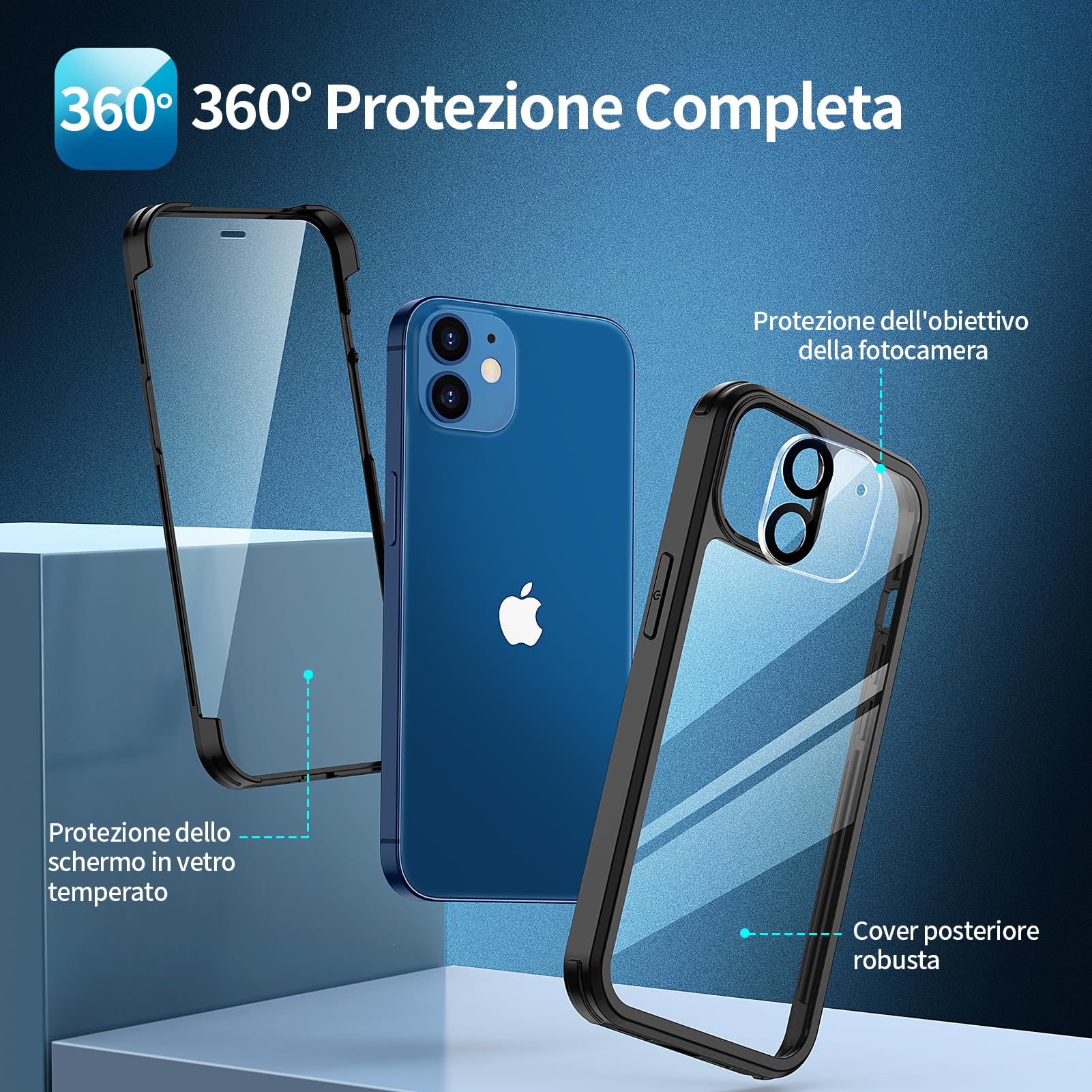 seacosmo Cover per iPhone 12, [9H HD] Integrata Vetro Temperato Schermo e Pellicola Fotocamera 360 Gradi Antiurto Custodia, Rugged Protezione Slim Case per iPhone 12 6.1", Nero