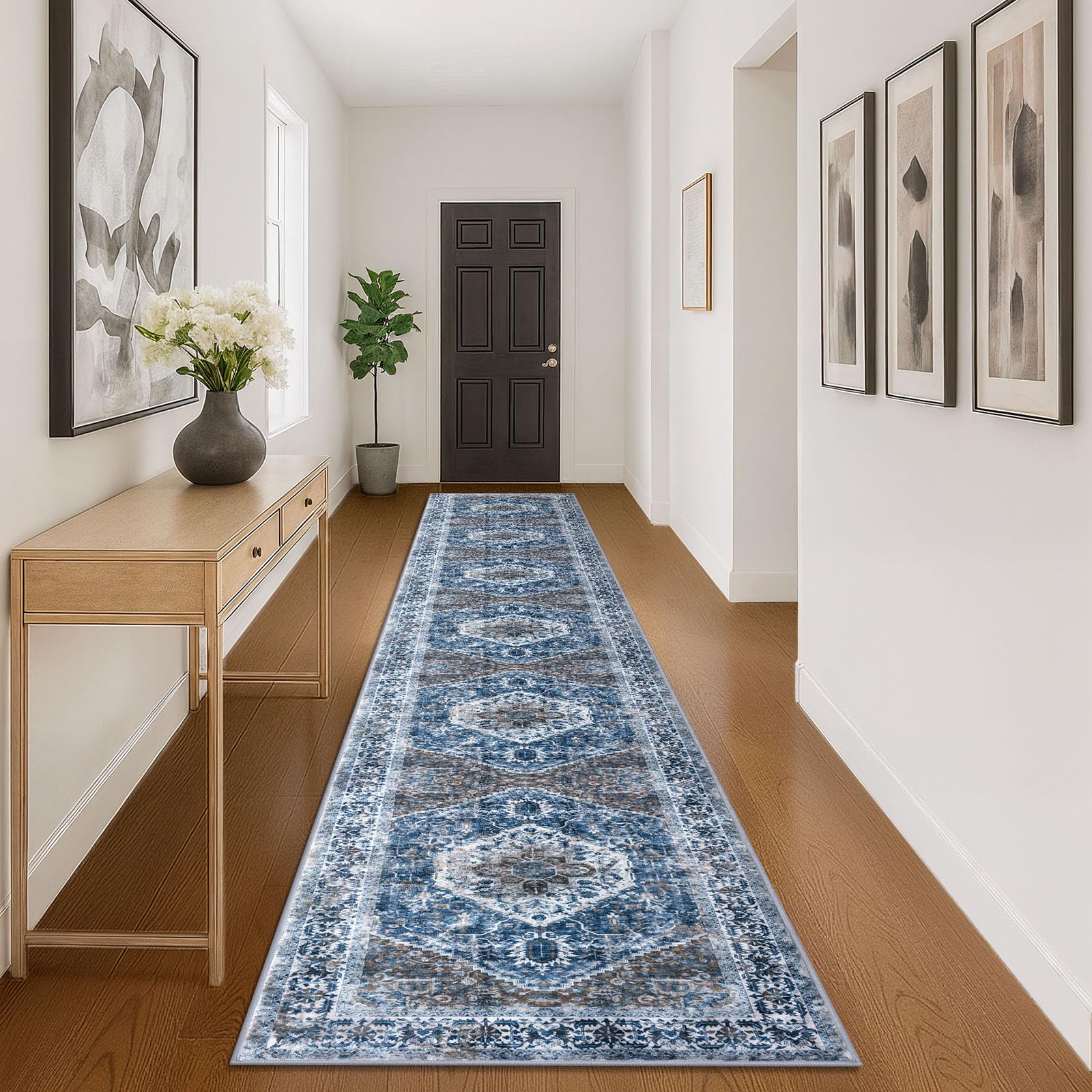 KOZYFLY Runners for Hallways 3x16 Ft Extra Long Washable Kitchen Thin Runner Rug Boho Runner Rug for Entryway Indoor Blue Printed Oriental Faux Wool Stair Floor Carpet Runner for Stair Kitchen Hall — image 1