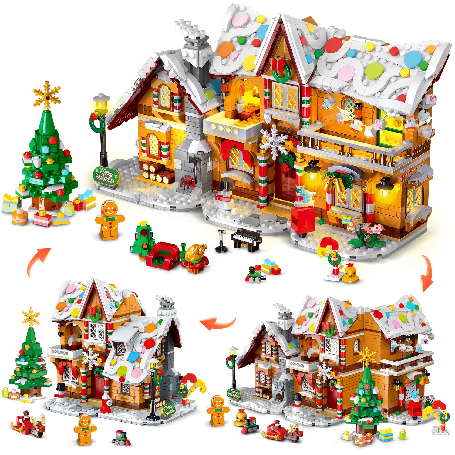 3 Style Christmas Gingerbread House Building Set with Lights - 2025 Christmas Castle Village Building Block Toy with Santa Claus Xmas Tree Train Gifts for Adults Kids Girls Boys Ages 8+ (1421PCS)