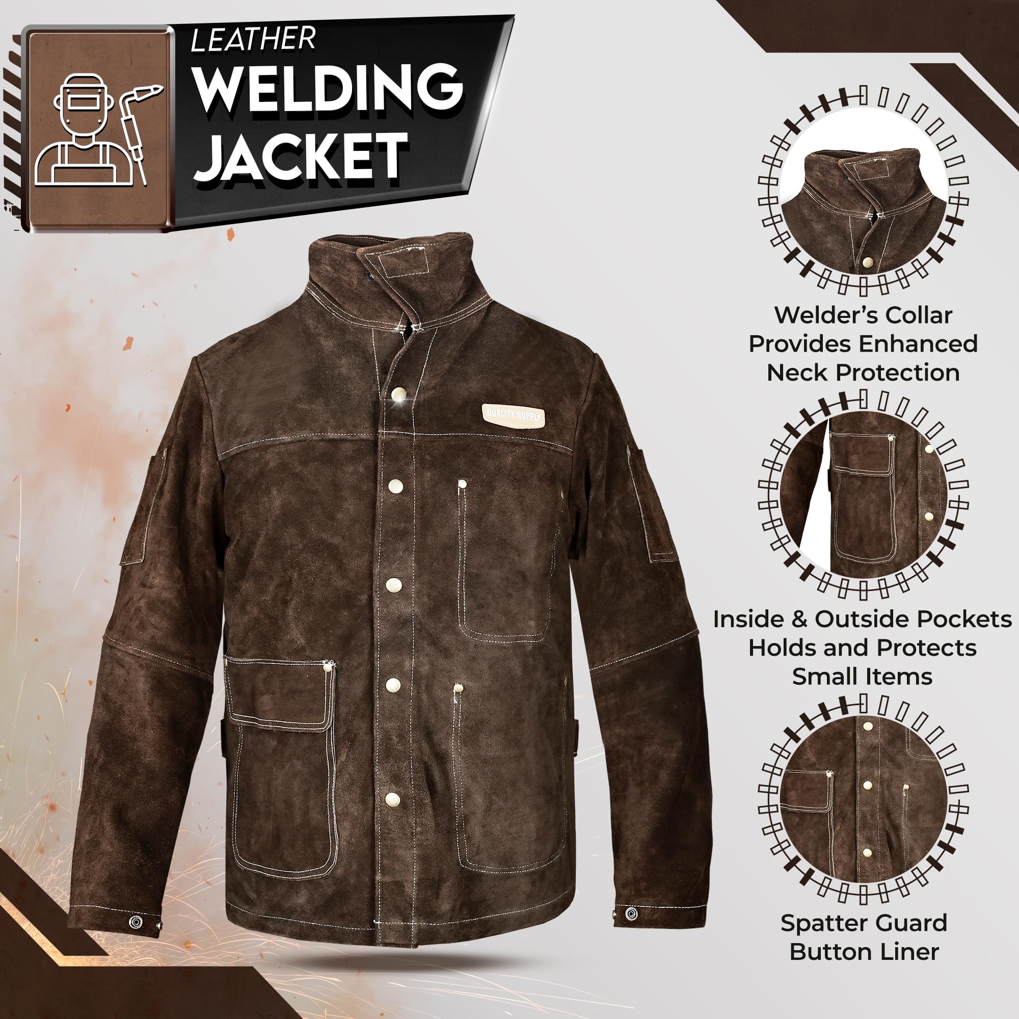 Quality Supply Leather Welding Work Jacket | Flame-Resistant Heavy Duty Split Cowhide Leather Jacket | Welder Coat for Men & Women (as1, alpha, xx_l, regular, regular, Brown)