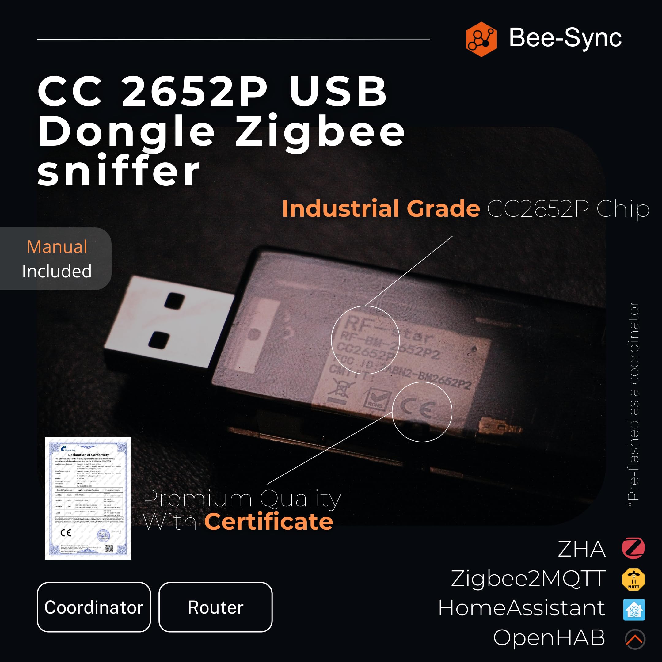 Bee-Sync, Zigbee 3.0 USB Dongle Plus Gateway, Universal Zigbee USB Gateway with Antenna for Home Assistant, Smart Home, Open HAB etc, Wireless Zigbee 3.0 USB Adapter(1 Pack)