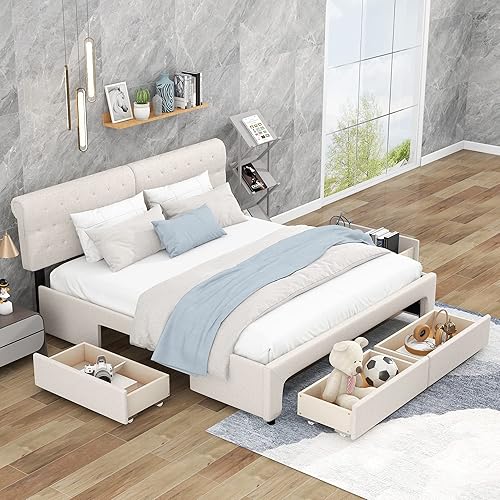 EMKK Base de cama King tapizada con cabecera de 4 cajones y listones de madera fuertes antideslizante y sin ruido no necesita somier fácil montaje