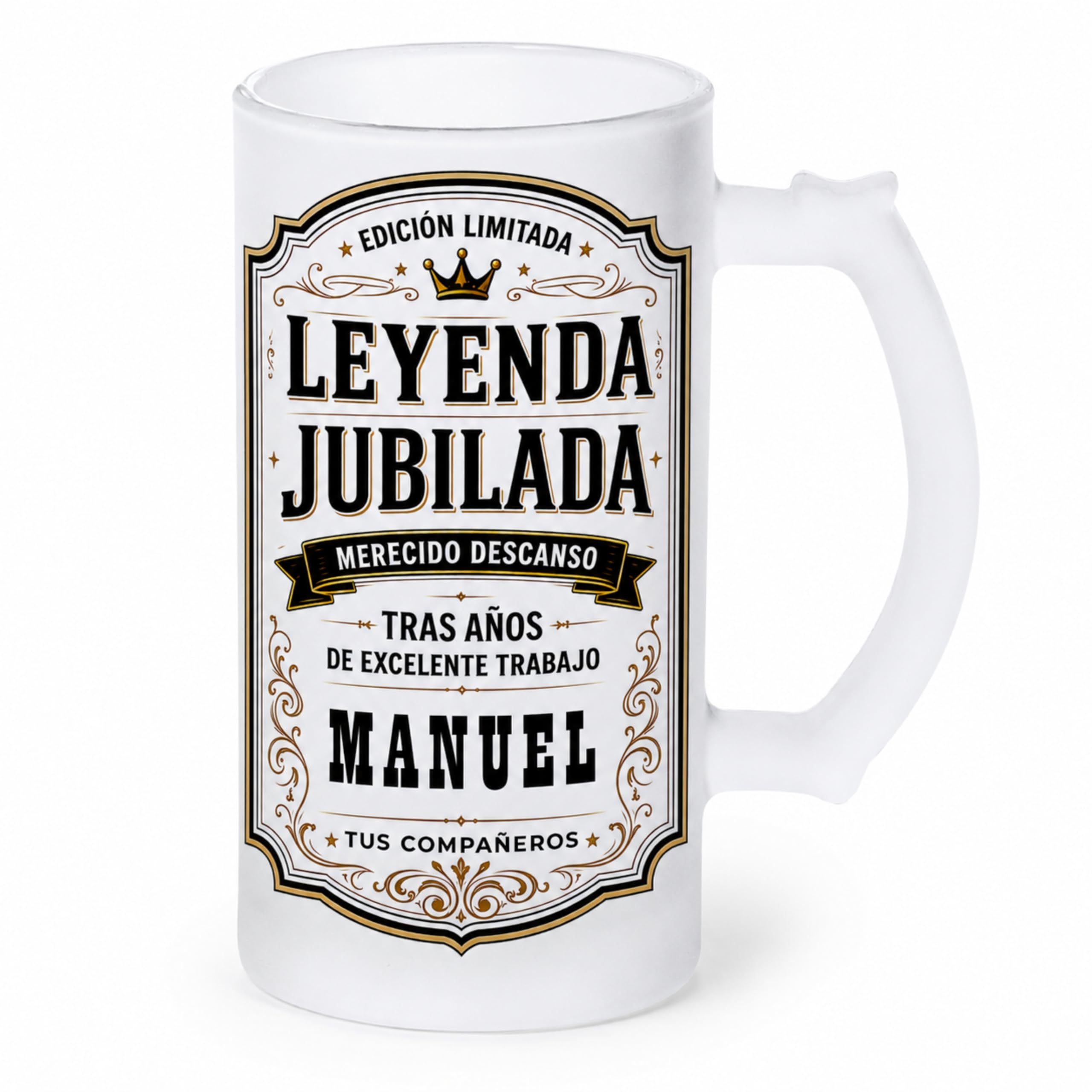 Gifters | Jarra de Cerveza Personalizada Jubilación con Nombre | Cristal Mate 500 ml | Diseño Vintage “Leyenda Jubilada” | Regalo Original para Jubilados, Compañeros de Trabajo, Oficina y Despedidas