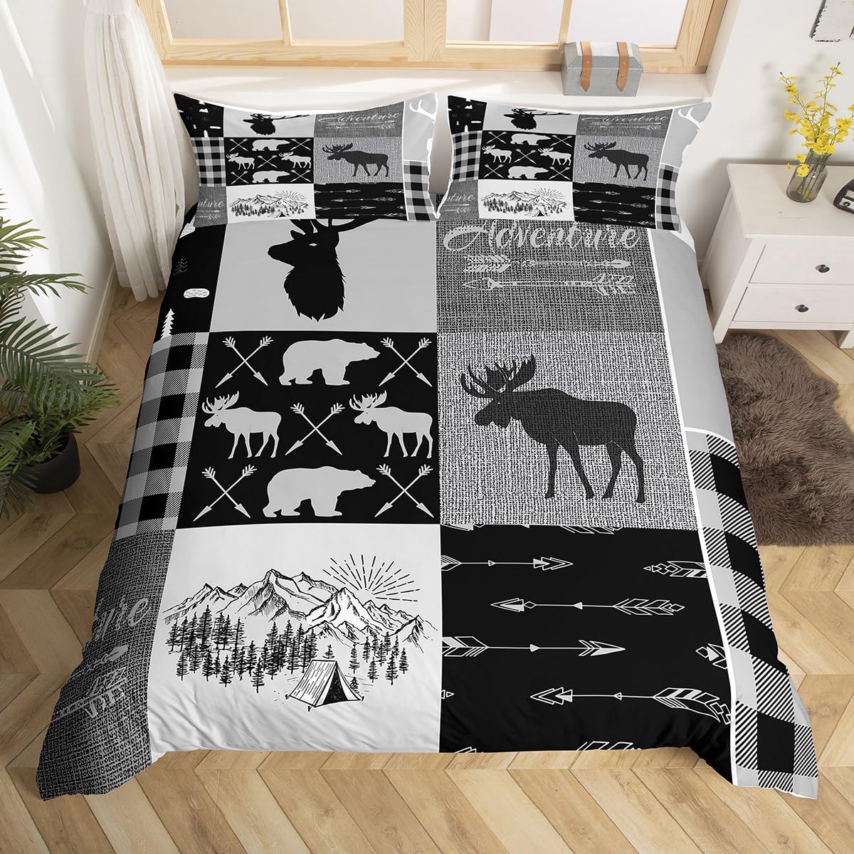 Hunting Bear Deer Bedding Set,Blue Buffalo Plaid Comforter Set King Rustic Lodge Cabin Patchwork Quilt Kids Boys Teens Adult Pine Trees Woodland