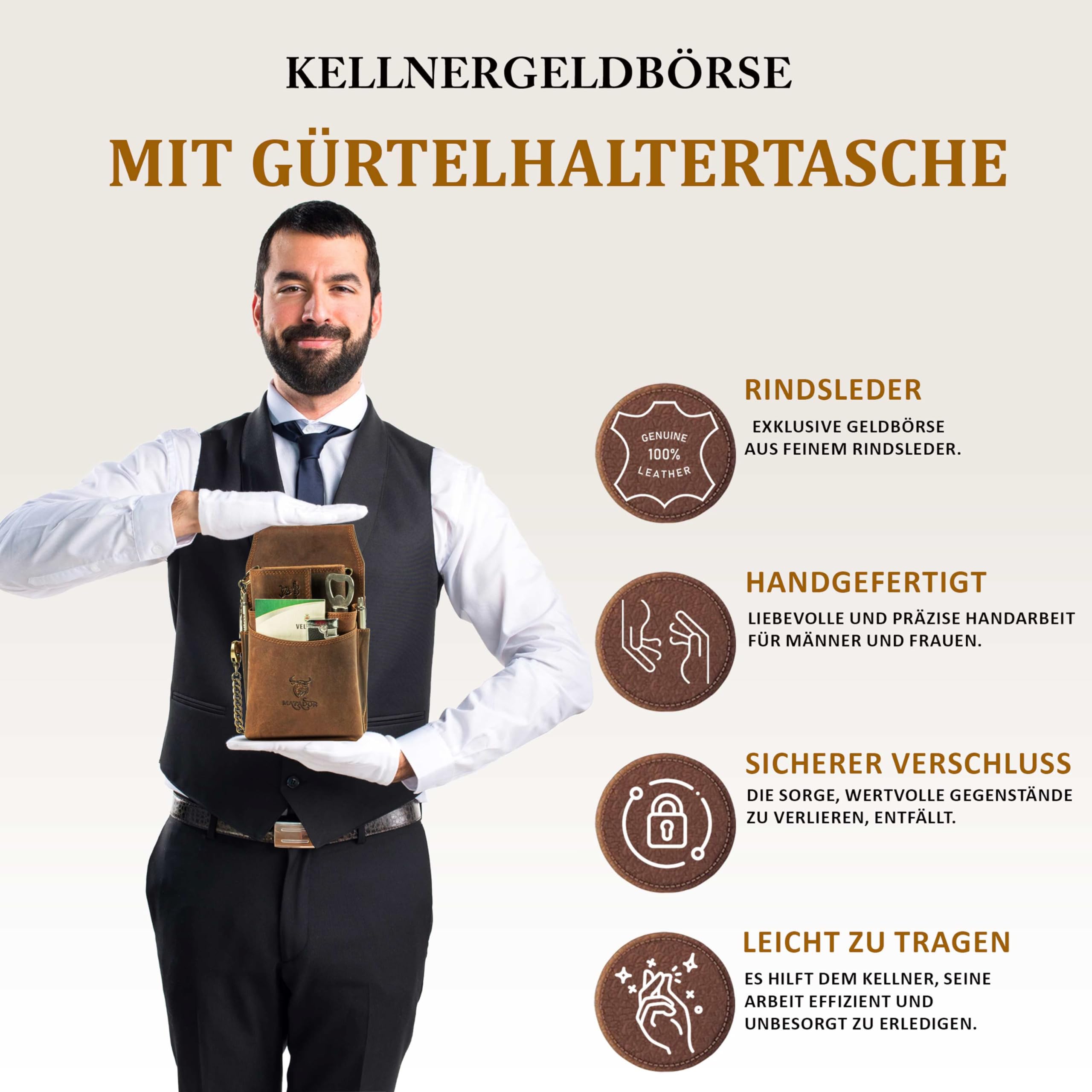 MATADOR Kellnerbörse Leder mit RFID Schutz, Braun Hunter