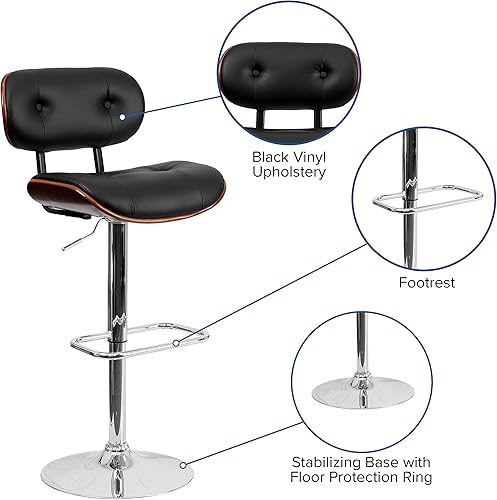 Miniatura 5 de Flash Furniture taburete de bar de madera de haya con altura ajustable y asiento y respaldo de vinilo negro curvado Vinilo Madera Walnut