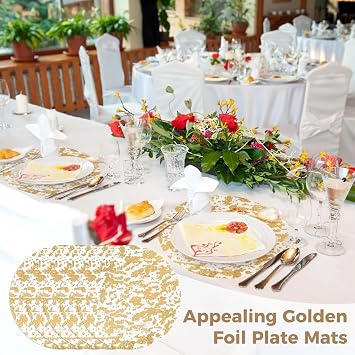 100 PCS Disposable Dining Plate Mats, Golden Bowl Tableware Place Mat Pads Set, 13 Inches Round Foil Mesh Pressed Table Doilies for Dining Table Wedding Birthday