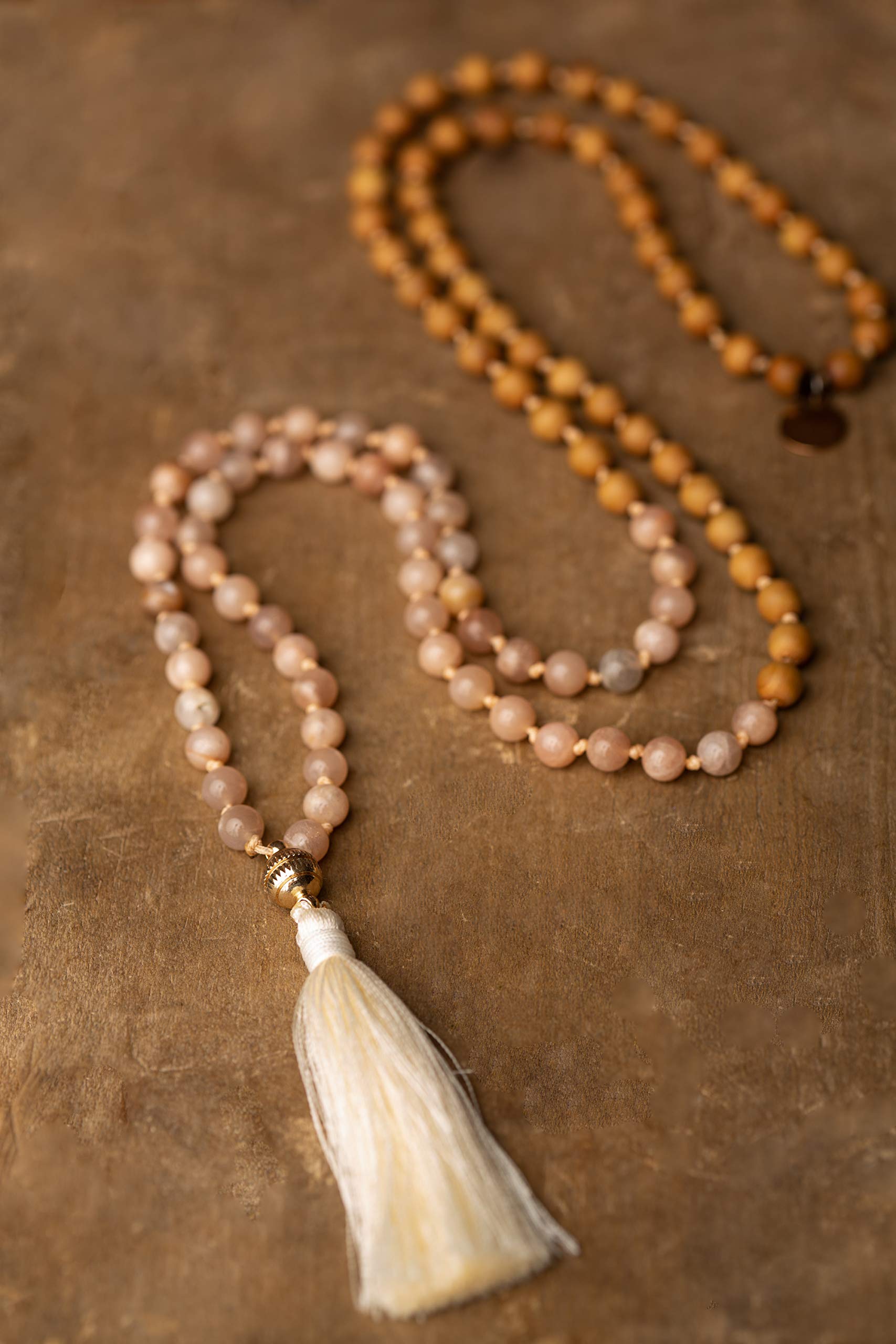 Mondstein Edelsteinschmuck Mala Edelsteinkette Yoga Meditation Geschenk-Set mit Holzbox Jute-Täschchen Affirmationskarten INTUITION Naturstein Sandelholz handgemacht in Deutschland
