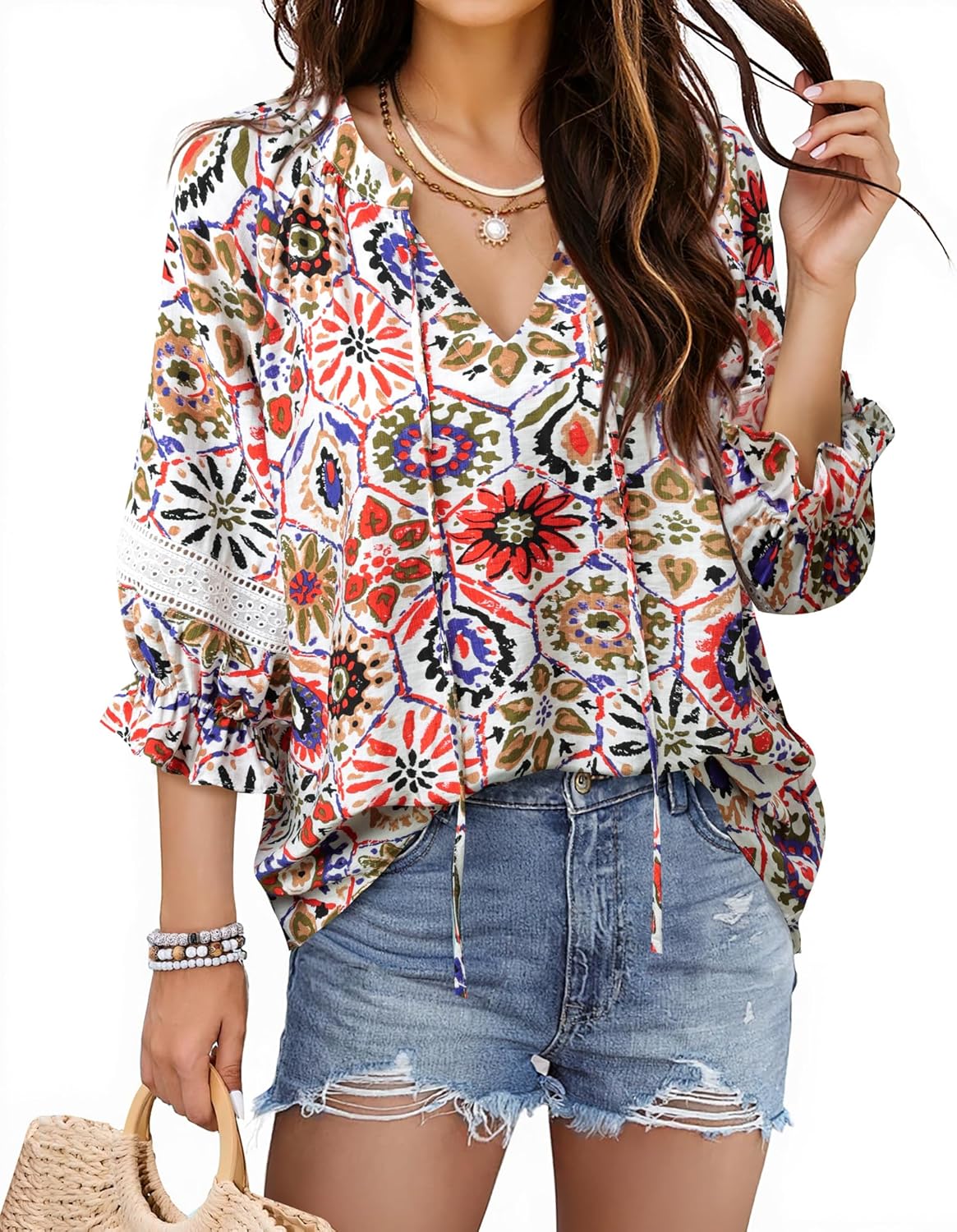 Triratna Womens Summer Blouses Flowy Casual V-Neck Front Tie Tops 3/4 Sleeve with Elastic Cuffs Vacation Shirts Boho