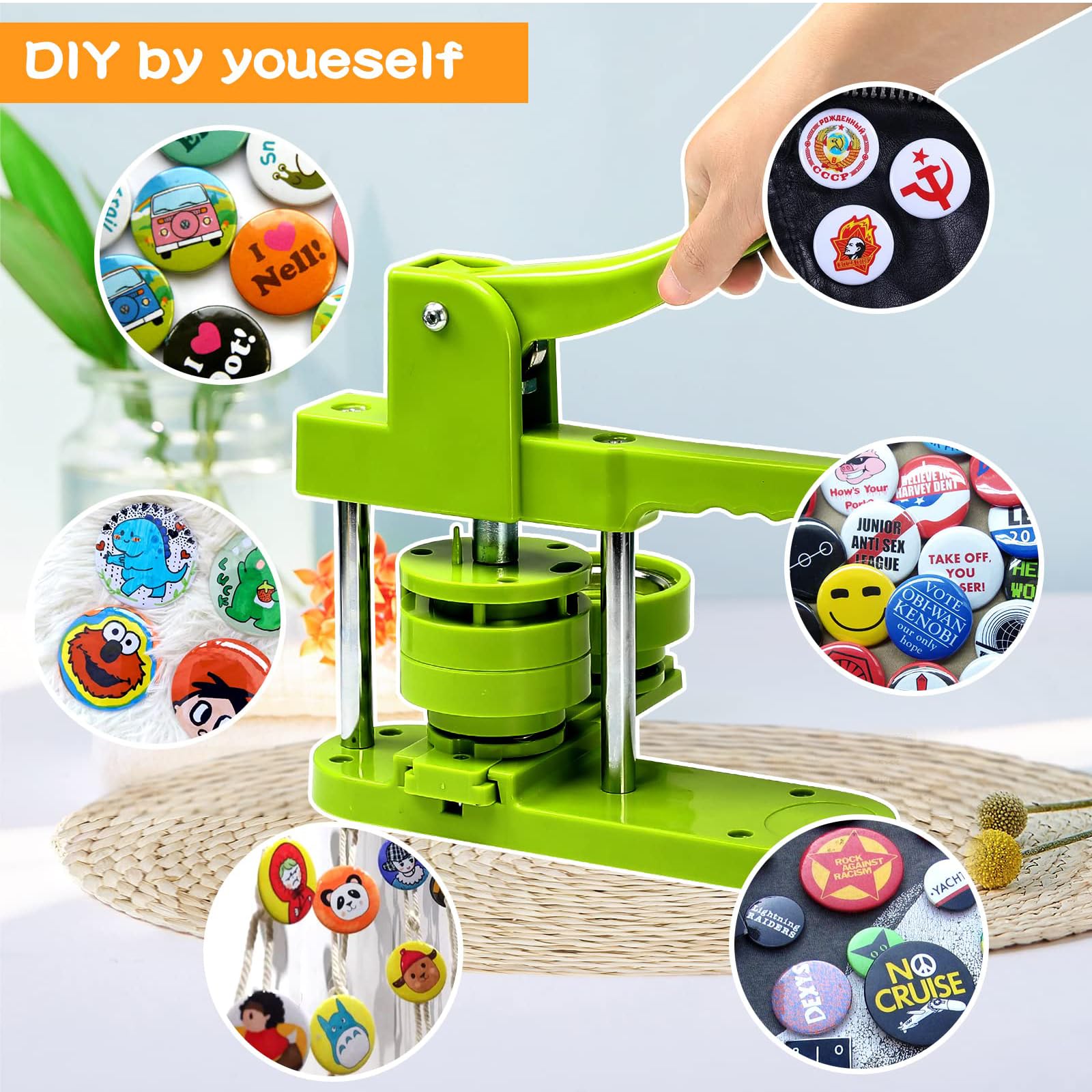 3-in-1 DIY-Anstecknadelmaschine für 25 32 58 mm-Anstecknadeln, drei Größen und Formen, inklusive 100 hochwertigem Zubehör.