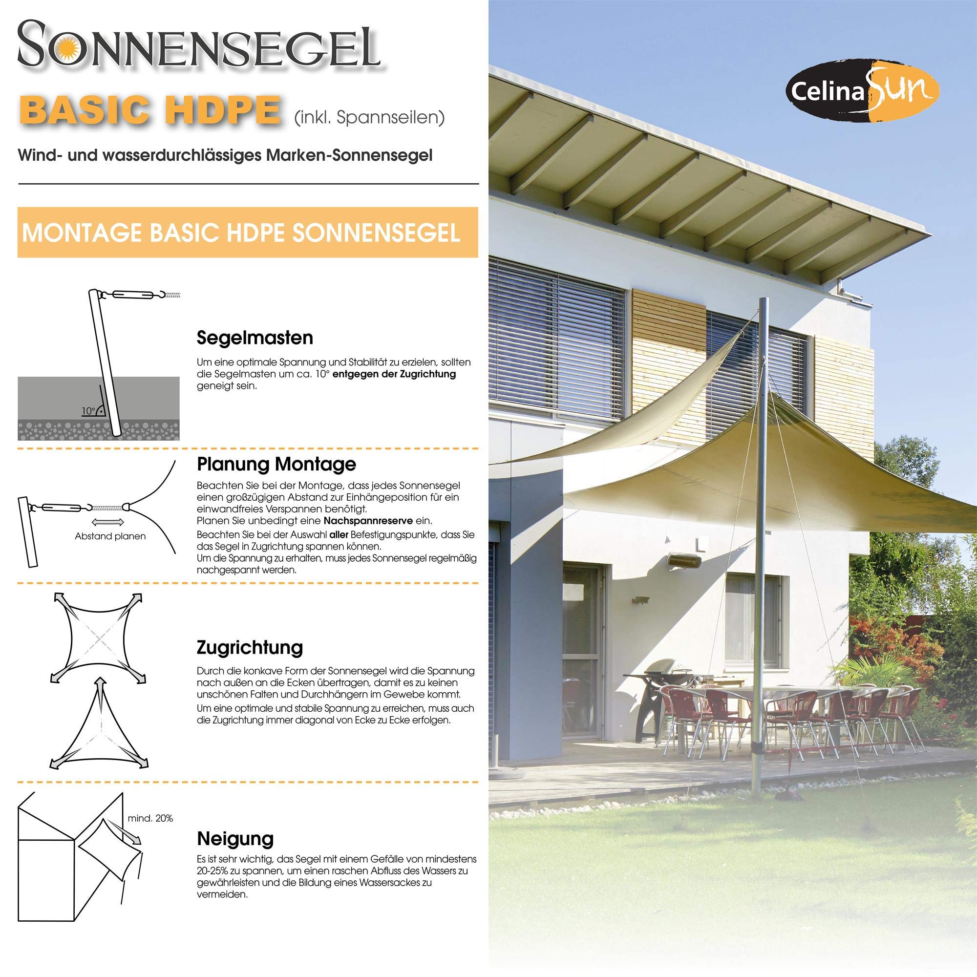 CelinaSun Sonnensegel inkl Befestigungsseile HDPE Basic Dreieck rechtwinklig 3,6 x 3,6 x 5,1 m sandbeige Sonnenschutz atmungsaktiv