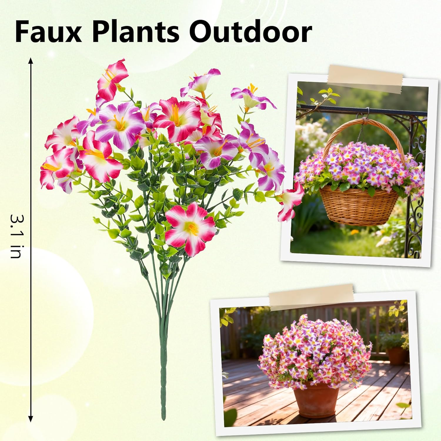 10PCS Outdoor Faux Petunia Flowers UV Resistant Artificial Fake Flowers Greenery Eucalyptus Plants for Spring Summer Garden Patio Window Box Planter Home Decor (Petunia Rosy White Purple White) - Image 3