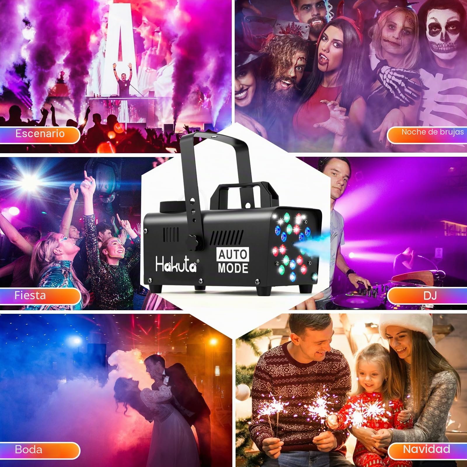 Hakuta Máquina de Humo con 18 Luces LED, Máquina de Niebla Automática para Halloween, Bodas y Fiestas DJ con Modos Carrera