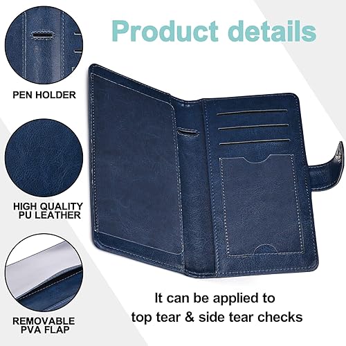 Vista 4 de Hoffi Fundas de chequera - Registros de cuero RFID para chequera personal, carteras para mujeres y hombres con funda para chequera (azul)
