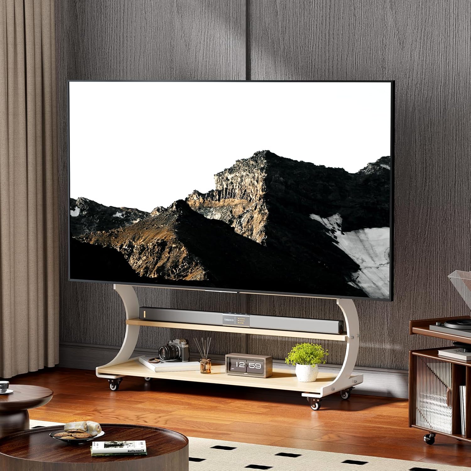 Arc-shaped Art Mobile TV Stand Rolling TV Cart with Wheels for most 50-100 Inch TV Portable Floor TV Stand with 2-Tier Wooden Shelves, Height Adjustable Holds up to 220lbs,Max VESA 900x600mm (White) Cream White