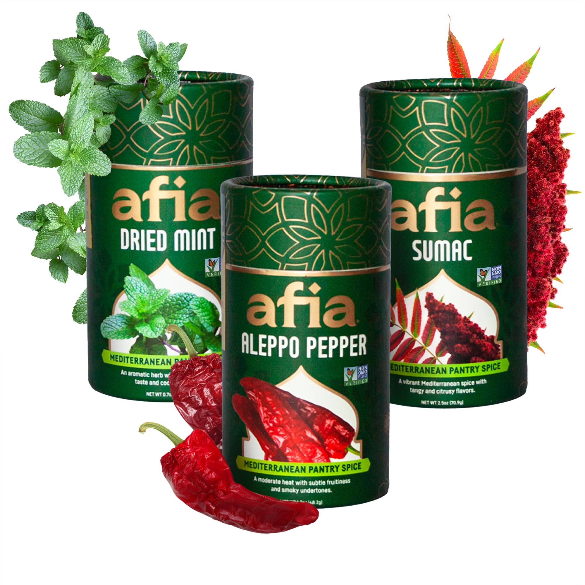 Mediterranean Pantry Spices Gift Set | Aleppo Pepper, Dried Mint & Sumac | Seasoning Set for Steak, Chicken, Vegetables & BBQ Rub (Pack of 3)
