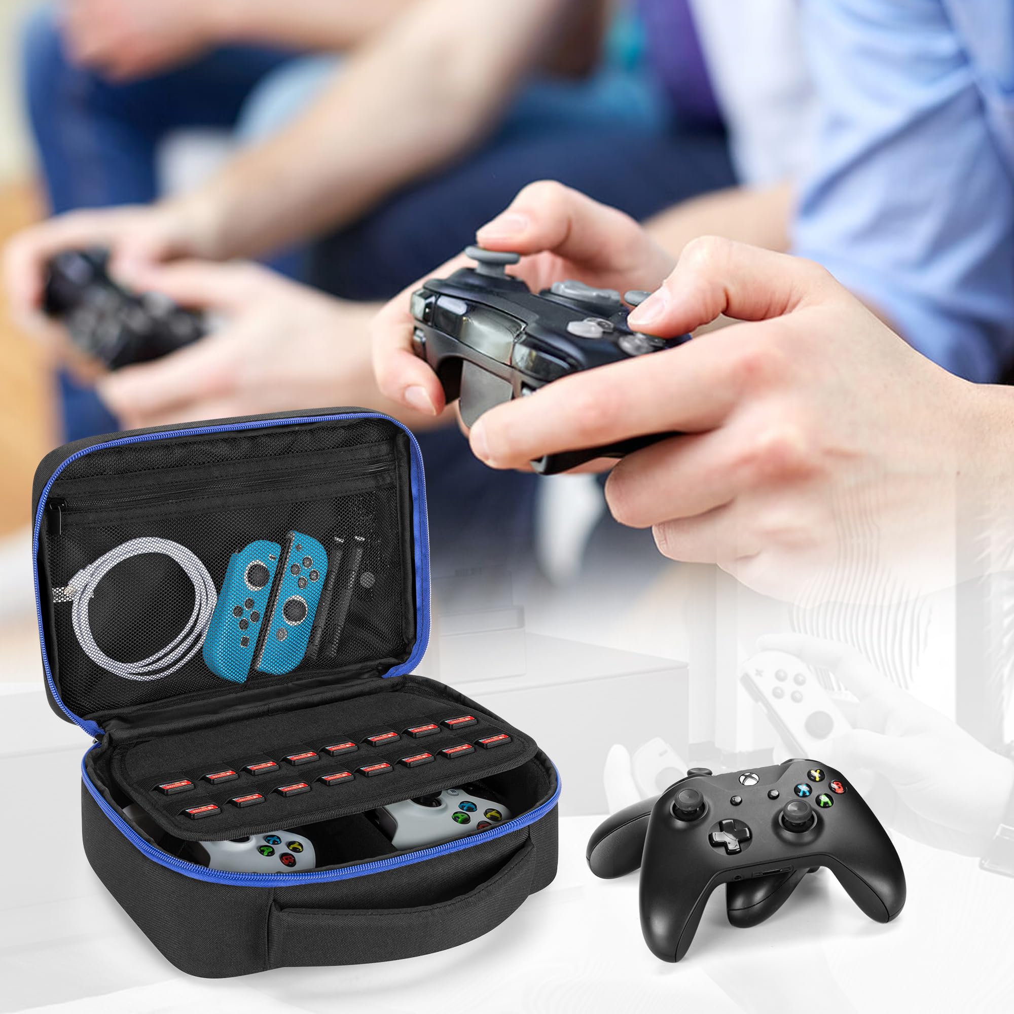PGmoon Custodia da Viaggio per Controller Compatibile con Ps5 / Ps4 / Xbox/Switch Pro e Altri Controller, Borsa Protettiva per 2 Controller e Altri Accessori, Blu (Design Brevettato)