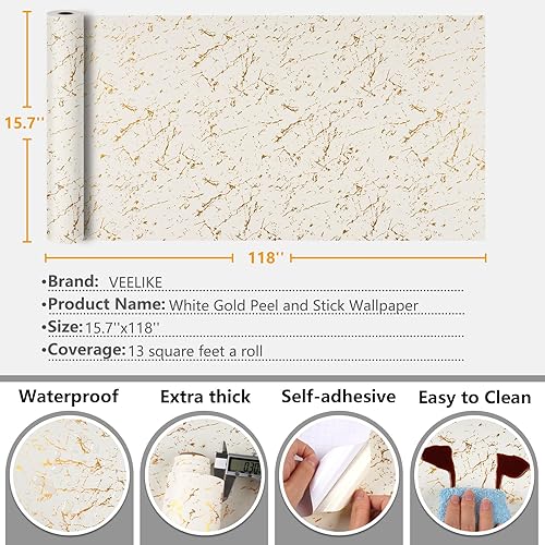 Miniatura 8 de VEELIKE Papel de contacto para encimera, color beige dorado, impermeable, papel de contacto de mármol blanco, para encimeras de cocina, 15.7 x 118