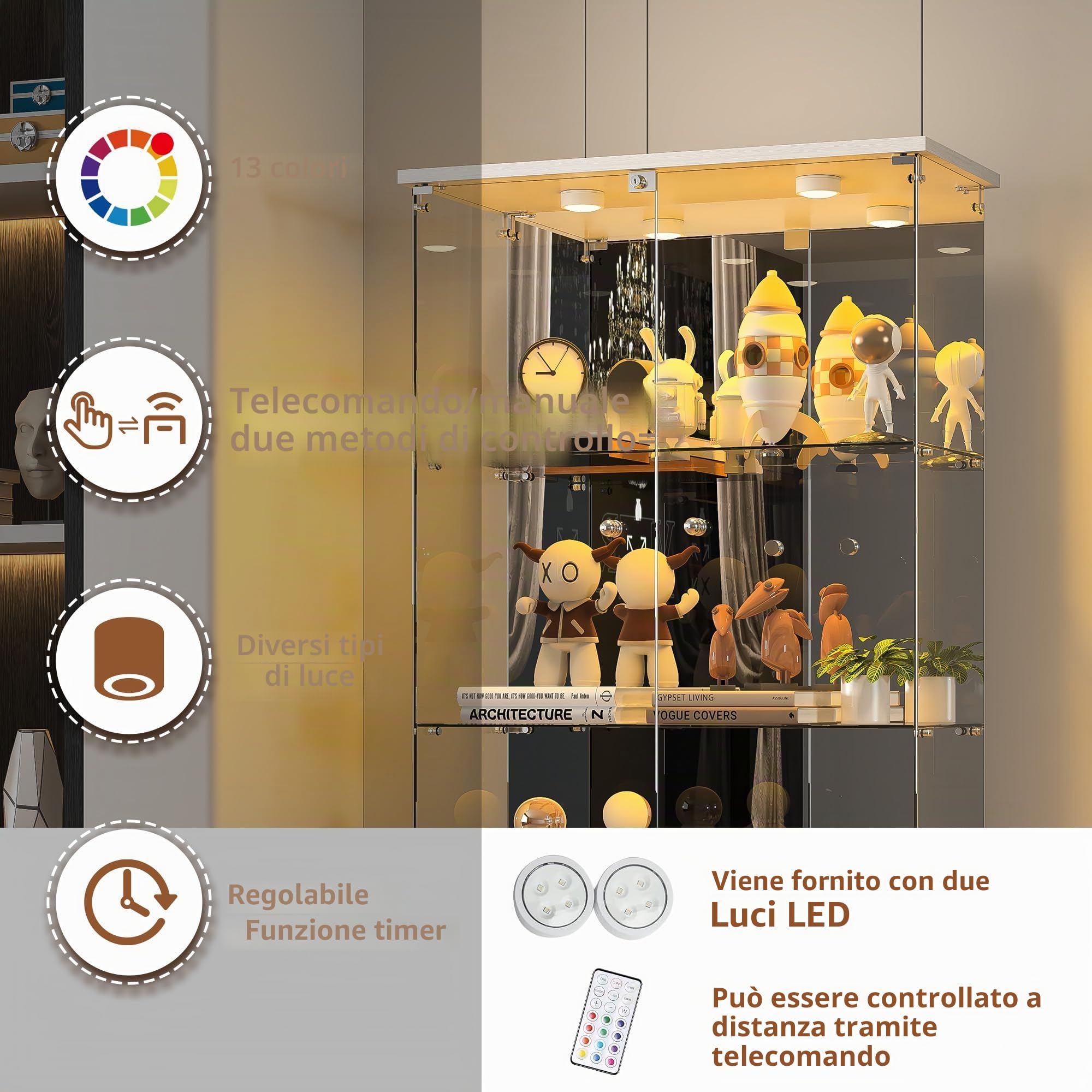Vetrina in vetro con LED, armadio vetrina da collezione, 2 ante a serratura, 4 ripiani e fondo specchio, 164 x 80,5 x 36,5 cm, bianco