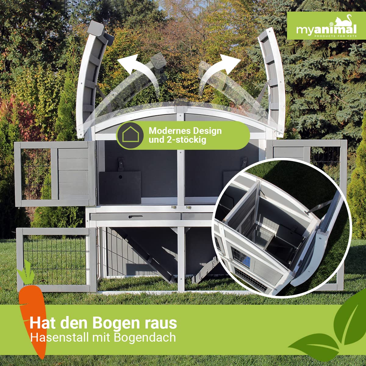 Miweba MyAnimal Hasenstall MH-33 | 118x55x105 cm - Kaninchenstall mit Freilaufgehege - Doppelstockhaus 2 Ebenen - Hasenkäfig - Imprägniert - Kaninchenkäfig Winterfest - Indoor und Outdoor (Grau/Weiß)